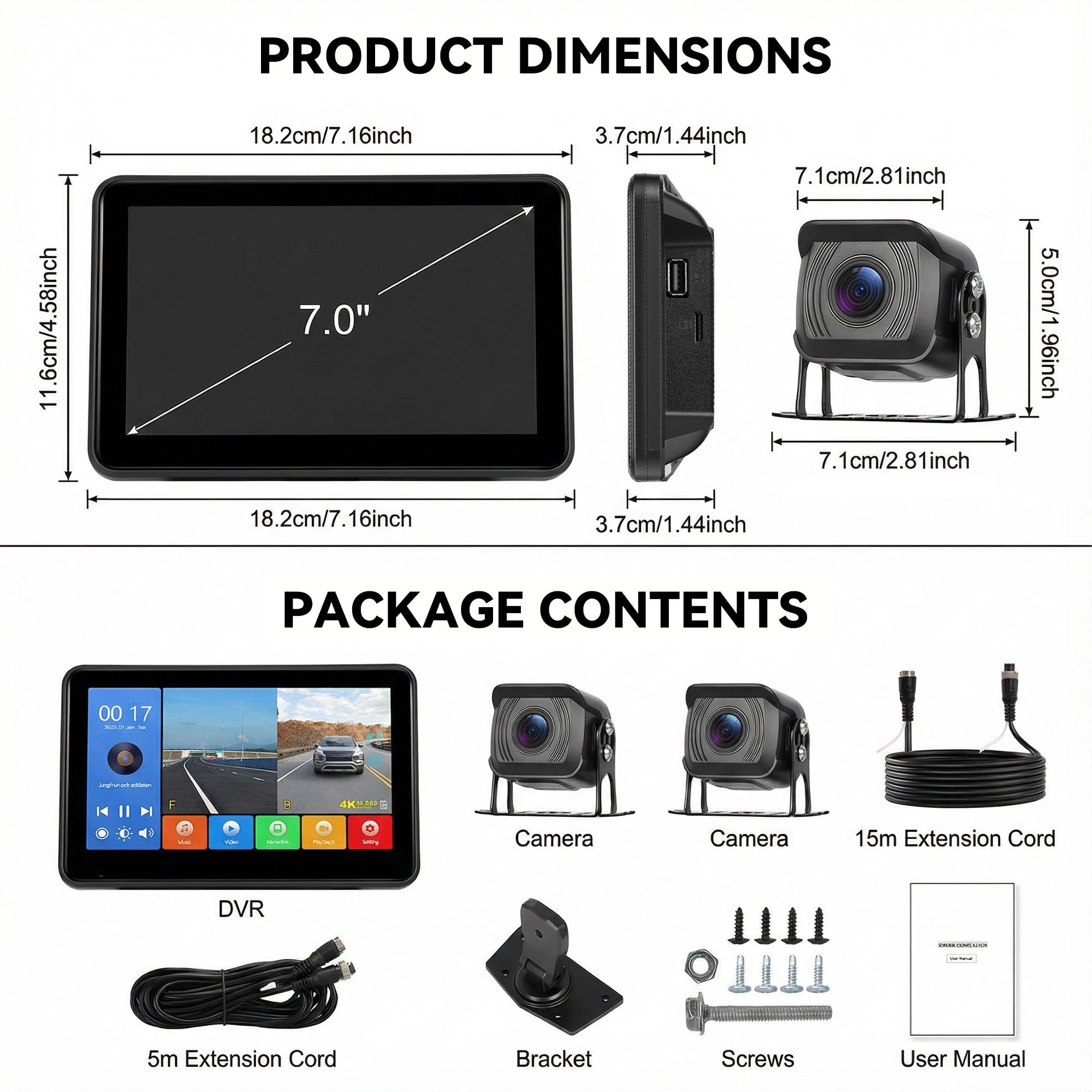 SIXWIN Kit 1080P Telecamere Retromarcia Cablata con Touchscreen Monitor 7 Pollici,2 HD Telecamere con Visione Notturna, Impermeabile IP68, Registrazione a Loop, BSD, Camper,Auto, Bus, 9V-36V