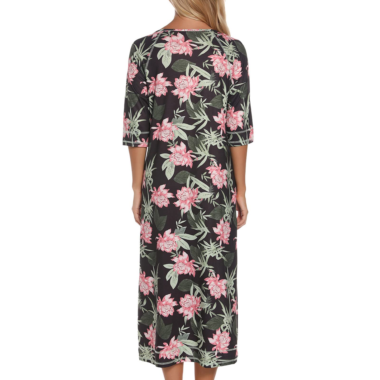 NSICBMNO Robe de chambre florale légère pour femme - Longue fermeture éclair - Manches 3/4 - Col rond - Vêtements de nuit