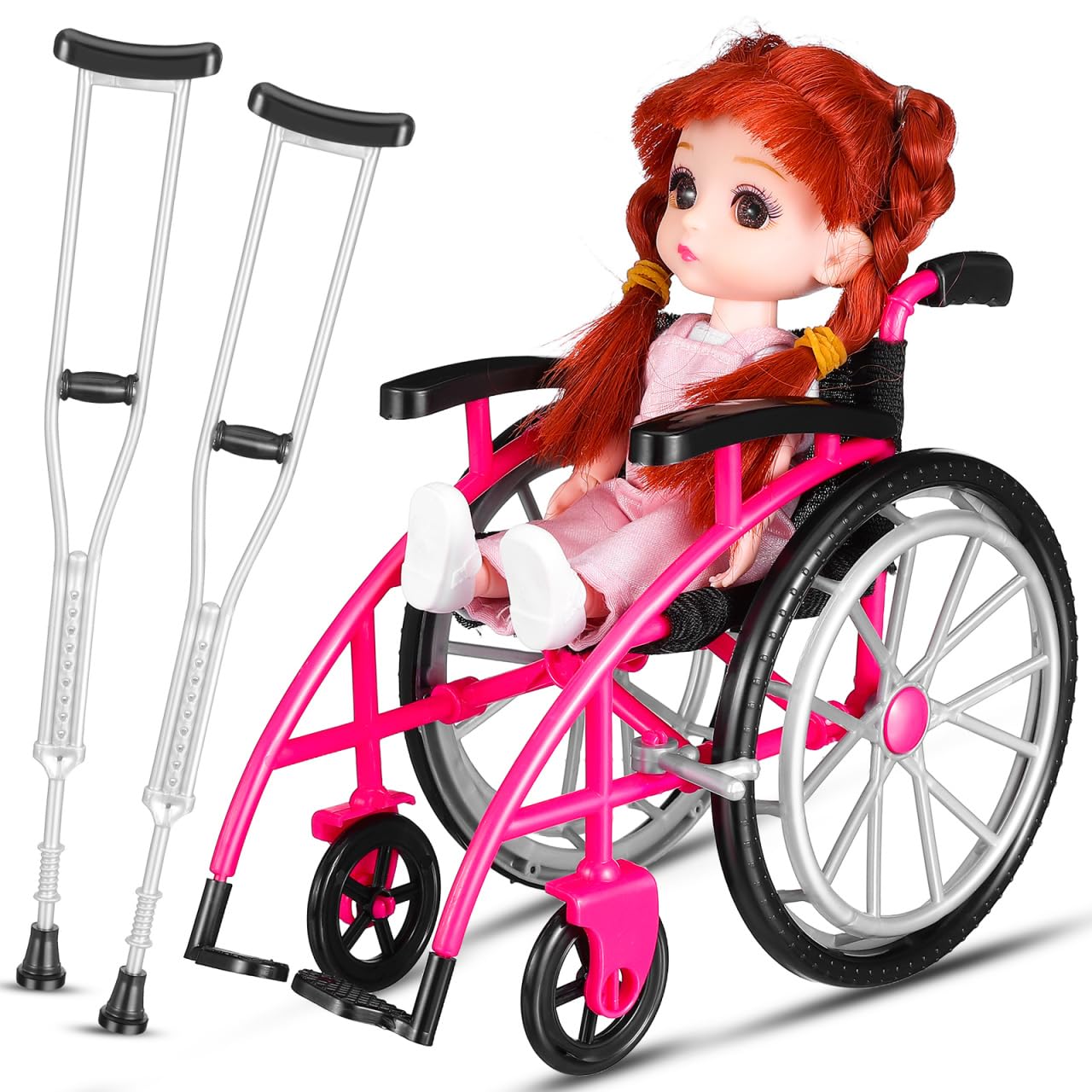 YARNOW 1 Set Miniature Wheelchair And Crutches Playset Dollhouse Decor Realistic Doll Accessories for Collection and Imaginative Play Small Scale Furniture Props Rosy
