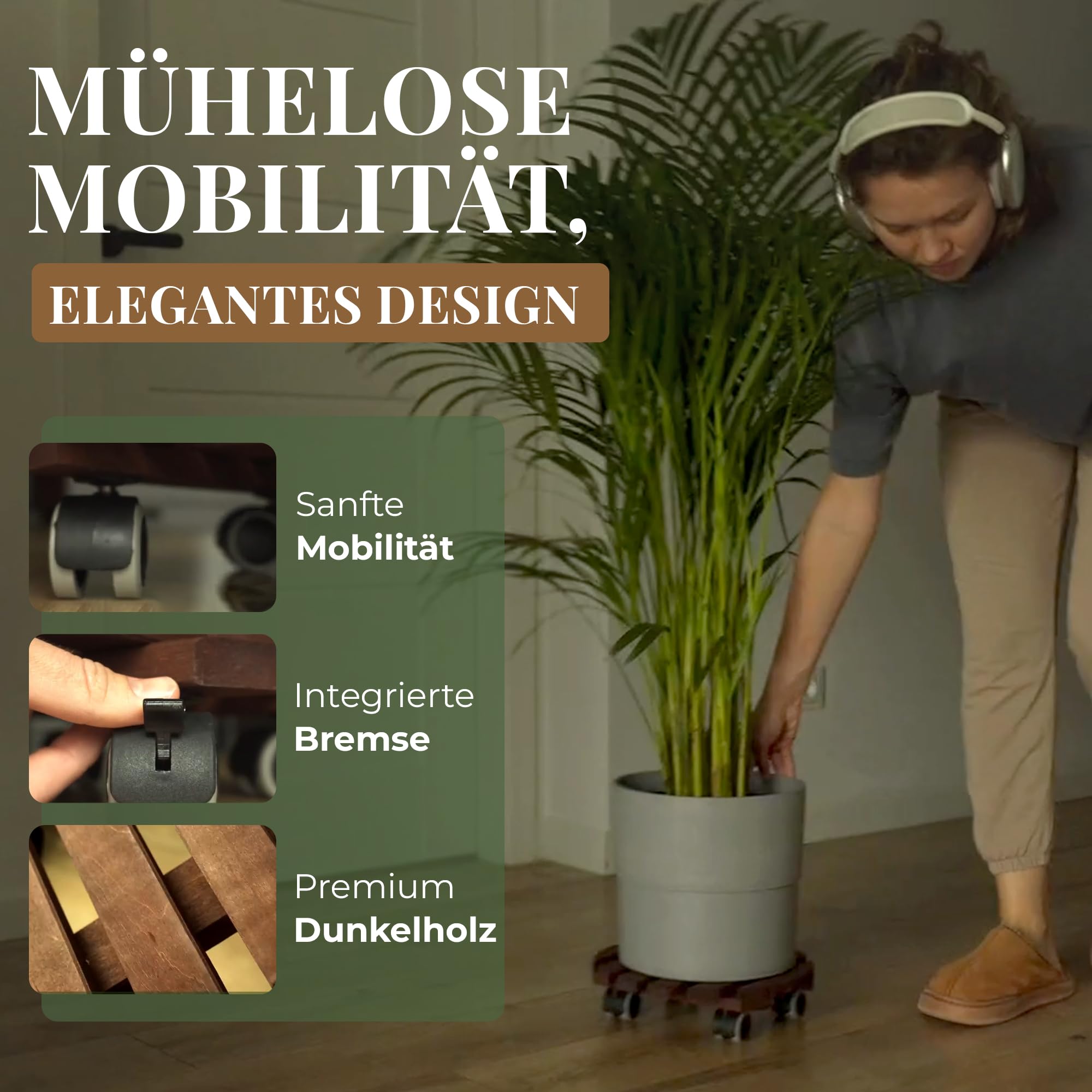 Pflanzenroller Outdoor Rund Ø 30 cm | 2er-Set Blumentopf Untersetzer mit Rollen aus FSC-Erlenholz, bis 100 kg, leise 360° Gummirollen mit Bremse, Rollbrett für Pflanzen Innen & Außen wetterfest