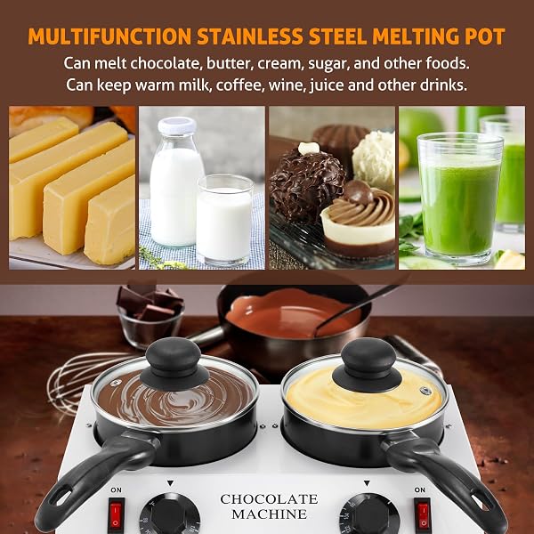 WICHEMI Chocolate Melting Pot Chocolate Warmer Chocolate Melter Chocolate Tempering Machine Pot for Home, Commercial Electric Melting for Chocolate, Butter, Cheese, Cream, Candy, Milk (Double Pots) - 4
