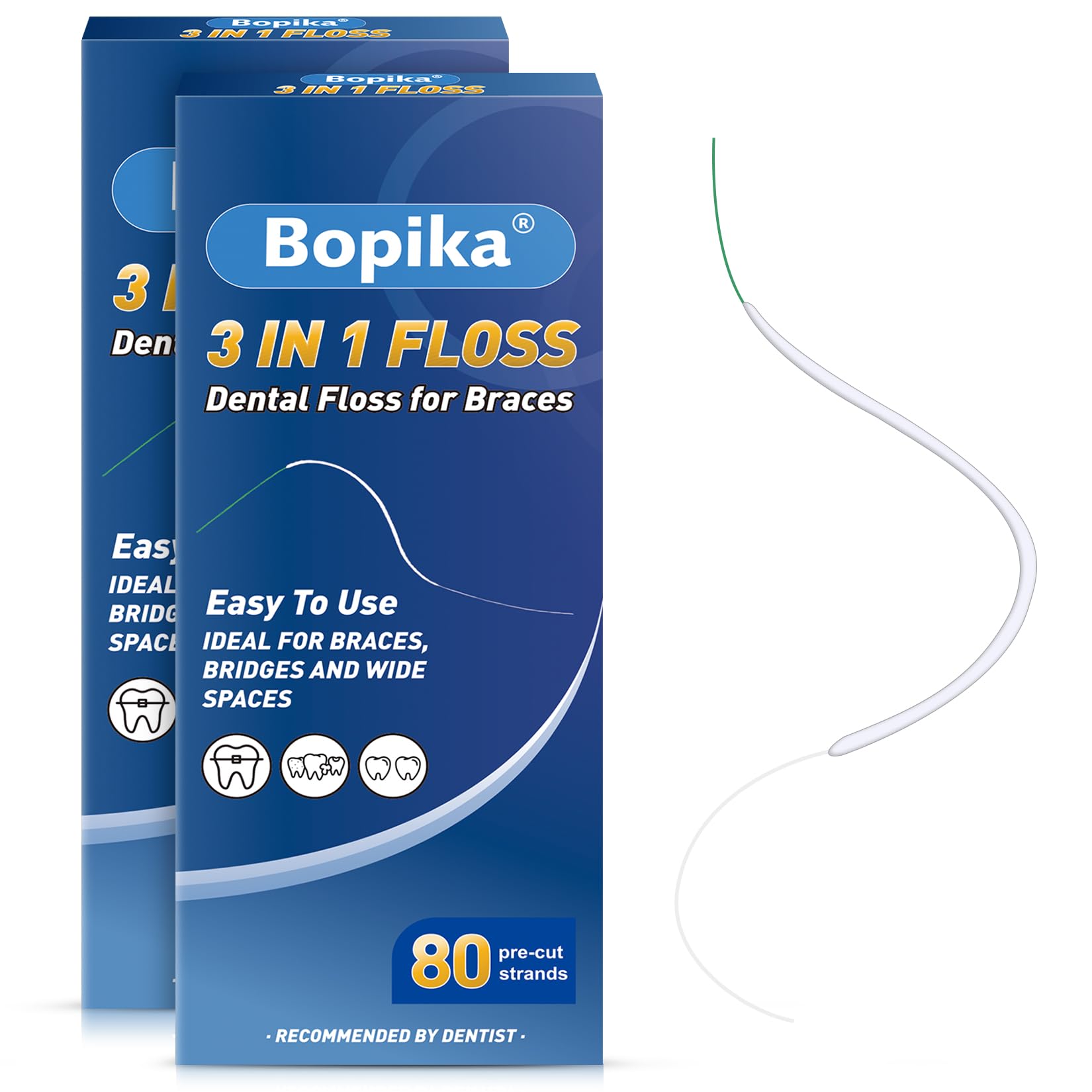 Bopika Dental Floss for Braces, 3 in 1 Ultimate Floss, Floss Threaders for Bridges and Implants, 80 Pre-Cut Strands (Pack of 2)