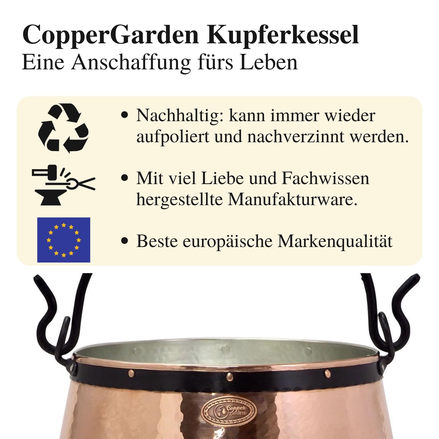 Chaudron en cuivre 30 L, étamé - 'CopperGarden®'