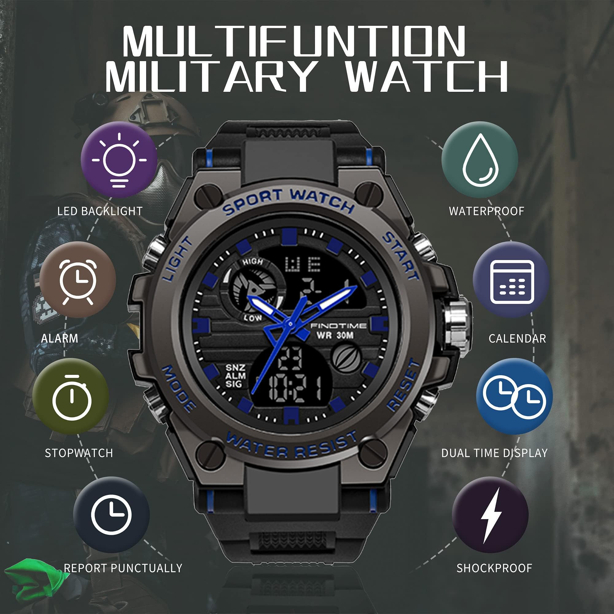 findtime Montre Militaire Tactique de Sport pour Homme Chronomètre à Grand Cadran, Alarme, Double Affichage de l'heure, rétroéclairage, Montre-Bracelet étanche pour l'extérieur, analogique numérique