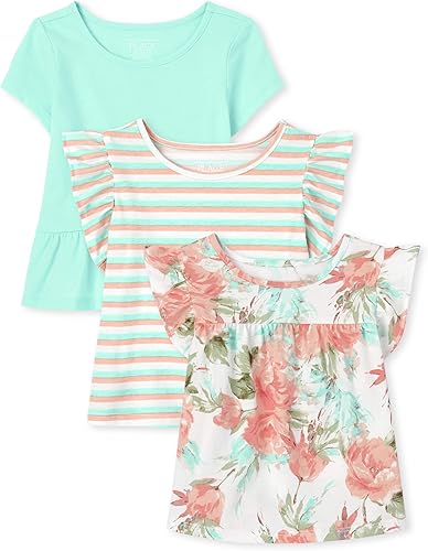 The Children's Place baby girls The Children's Place - Paquete de 3 camisetas con volantes para niñas pequeñas, color aguamarina suave, talla 12-18
