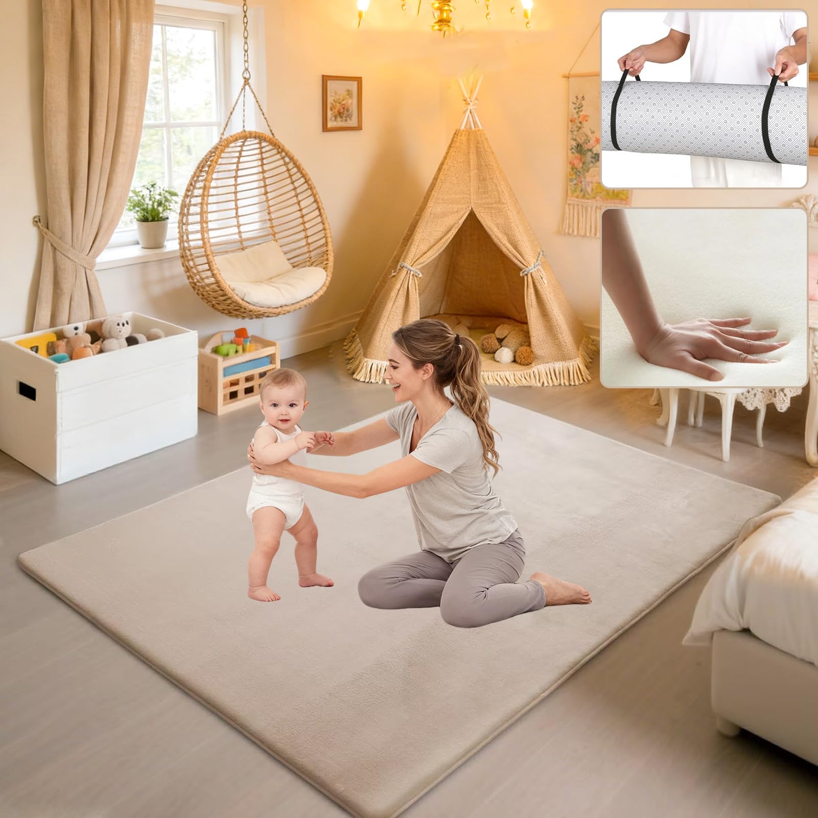 Krabbelmatte Baby 140 x 140 cm Hellbraun 2.5cm Dicke Schaumstoff Spielmatte, Teppich Kinderzimmer, Teppich Kinder Spielmatte mit Rutschfester Unterseite, Teppich Baby für Kinder, Kinderteppich