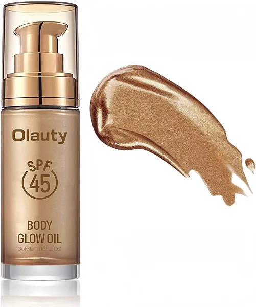 Shimmer Body Oil, SPF 45 Broad Spectrum, Waterproof Long Lasting Moisturizing Luminizer Glow Sunscreen for Face & Body, Body Makeup Shine (Glistening Bronze, 03)