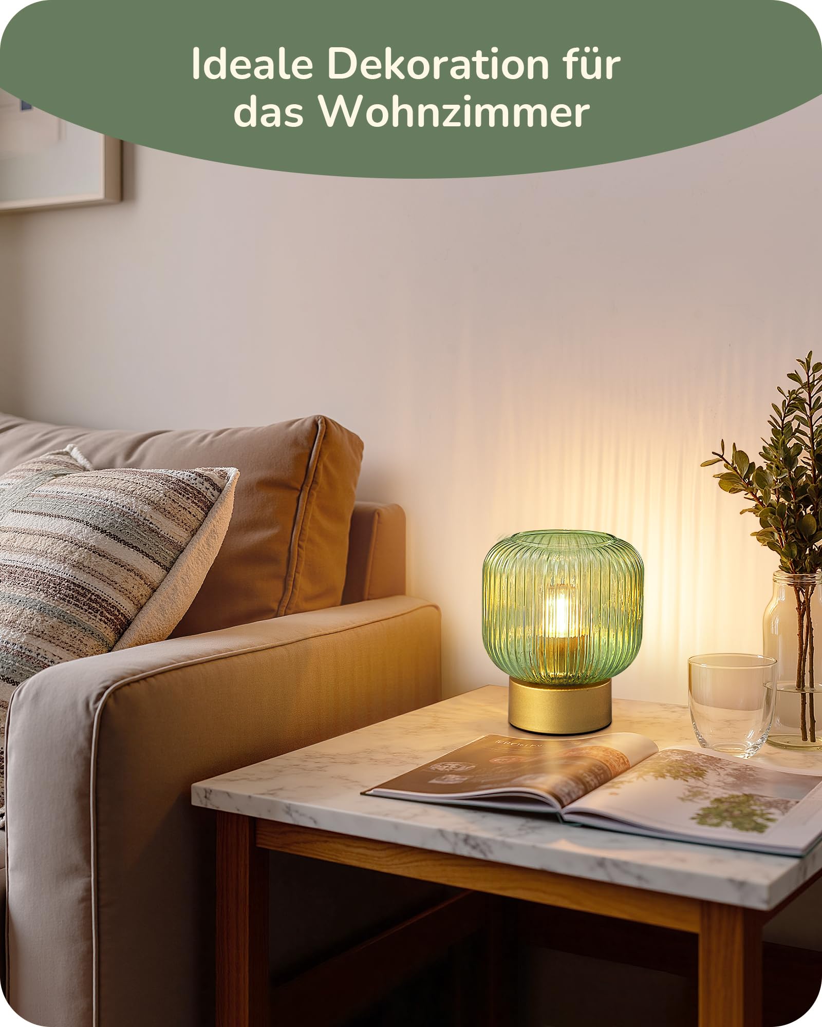 EDISHINE LED Tischlampe, Grüner Glasschirm & Goldfarbener Metallsockel, inkl. E27 LED-Lampe, 2700K Warmweiß, Moderne Nachttischlampe für Wohnzimmer, Schlafzimmer & Als Geschenk