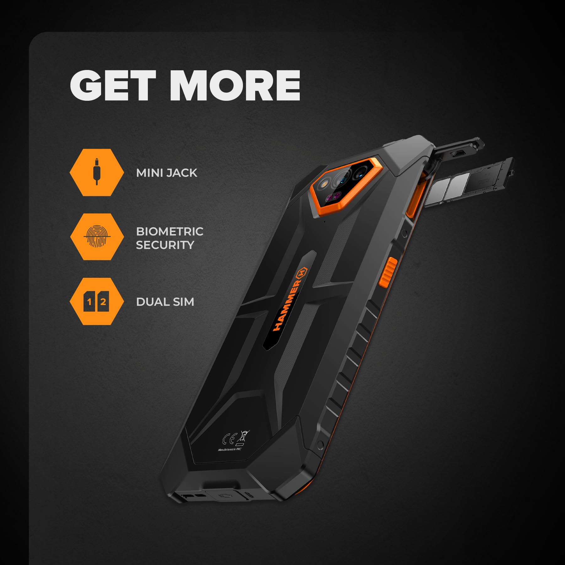 Hammer Iron V 6GB/64GB Telefono Indistruttibile, Camera 50 MP + Visione Notturna 24 MP, Batteria 6320 mAh, NFC, Smartphone Rugged Con Dual SIM, IP69, Display 6,5", Nero/Arancione