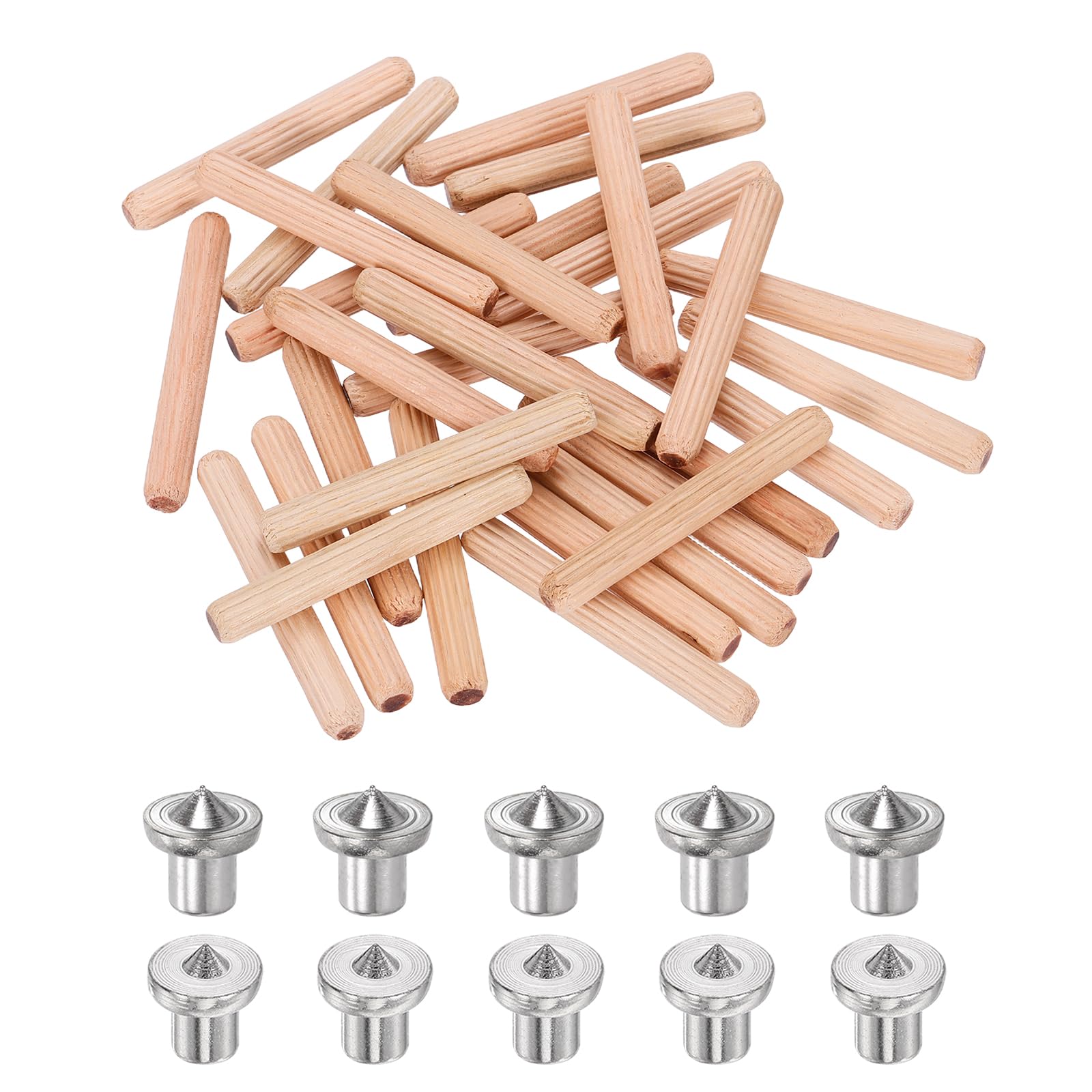 sourcing map 250Pcs Wood Dowel Pins, 6 x 45 mm Wooden Dowel Rods Straight Grooved Pins with 10Pcs Solid Hollow Dowels Tenon Center Transfer Plugs for Furniture Woodworking DIY Project