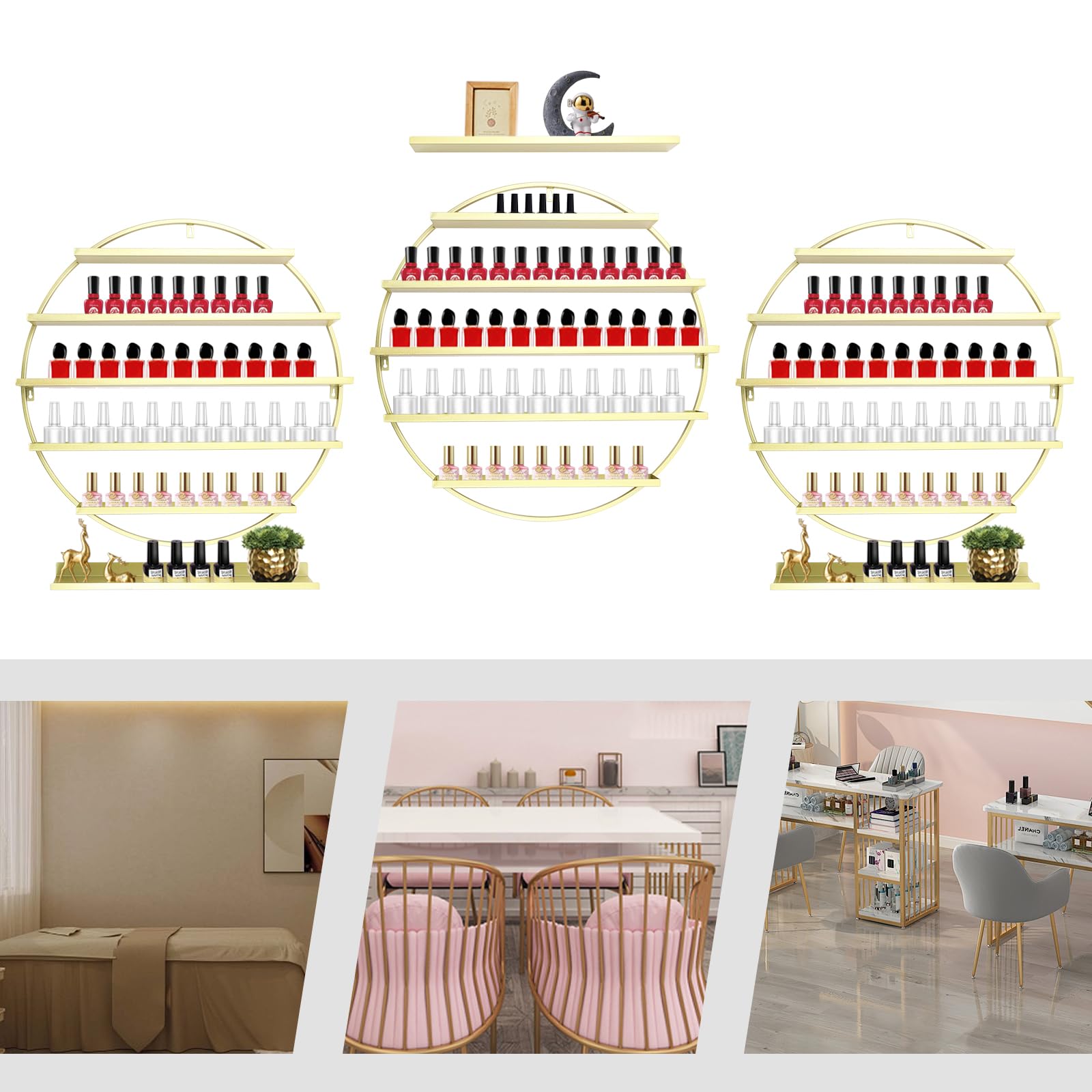 5-Etagen Runde Nagellack Wandhalterung Nagelsalon Lagerung Rack Display Stand Wandregal NagellackstäNder Metall Regal Aufbewahrung StäNder Aufbewahrungsregal Wand Organizer Halter (Golden)