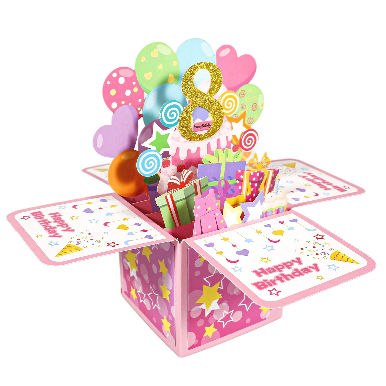 Geukmun 8th Birthday Card for Girls, 8th Birthday Gifts for Girls, Pink Pop Up Happy Birthdays Card with Envelope for 8 Year Old Girl, Granddaughter, Daughter, Party Decorations