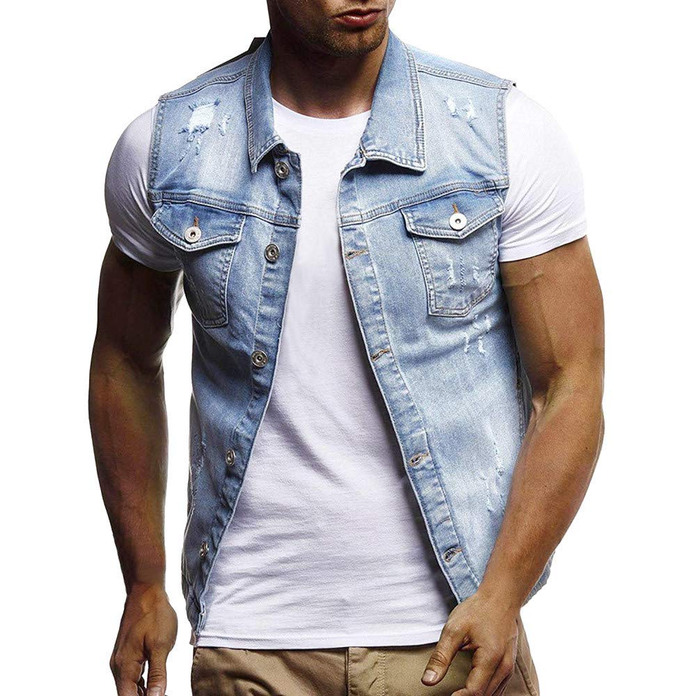 XUETONMens Sleeveless Denim Vest Casual Ripped Classic Button Down Trucker Jean Jacket Brush Frazzle Motocycle Outfits
