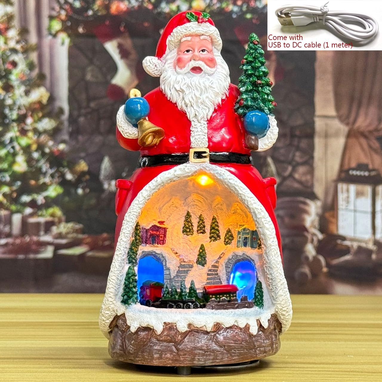 Animated Resin Santa Hold Christmas Tree and Bell,Village Figurines Musical Box with Rotating Train LED Light, Tabletop Christmas Home Decor Gift
