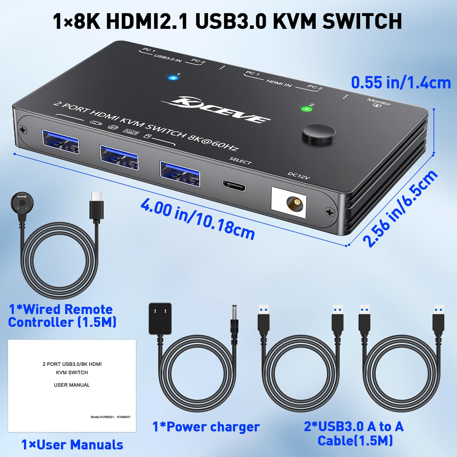 Conmutador KVM HDMI para 2 ordenadores, 1 monitor, 8K @ 60Hz/4K @ 120Hz Conmutador KVM para 2 PC, 1 monitor y dispositivos USB 3.0, con cables USB, controlador y adaptador de alimentación (HDMI