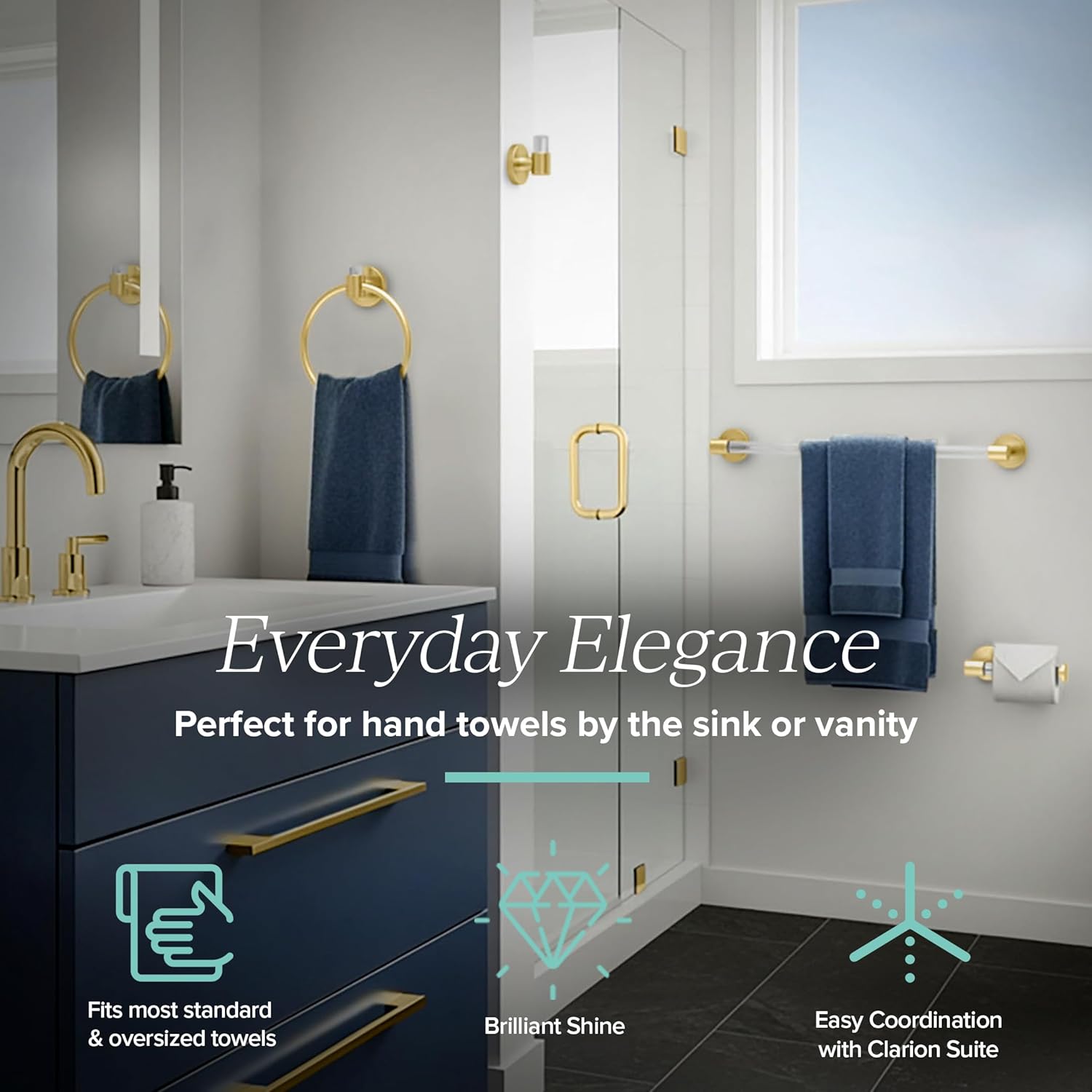 Gatco 5735 Clarion Bath Towel Hook | Wall Mount Bathroom Towel Holder, Modern Robe and Towel Hook | Acrylic & Brushed Brass Finish