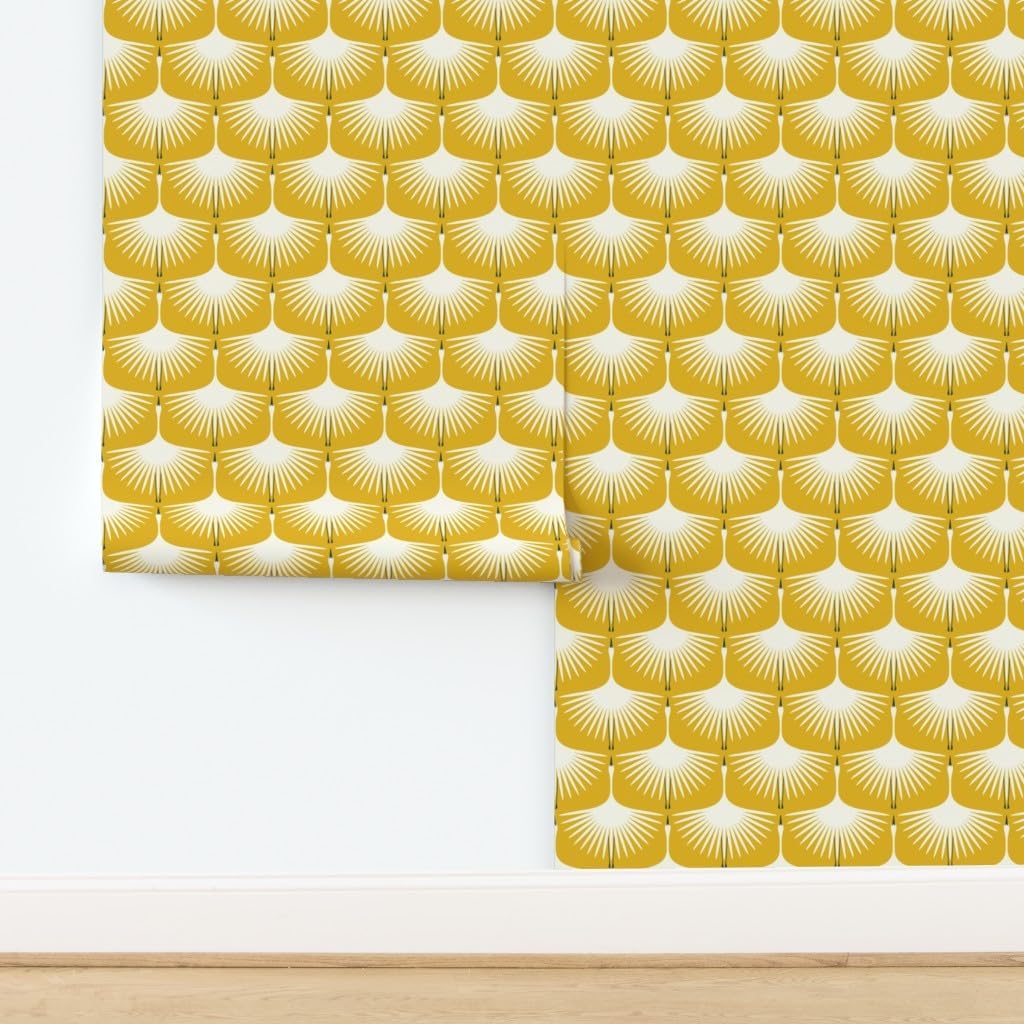 Removable Wallpaper 3ft x 2ft - Art Deco Golden Yellow Traditional Swan Custom Pre-Pasted Wallpaper by Spoonflower