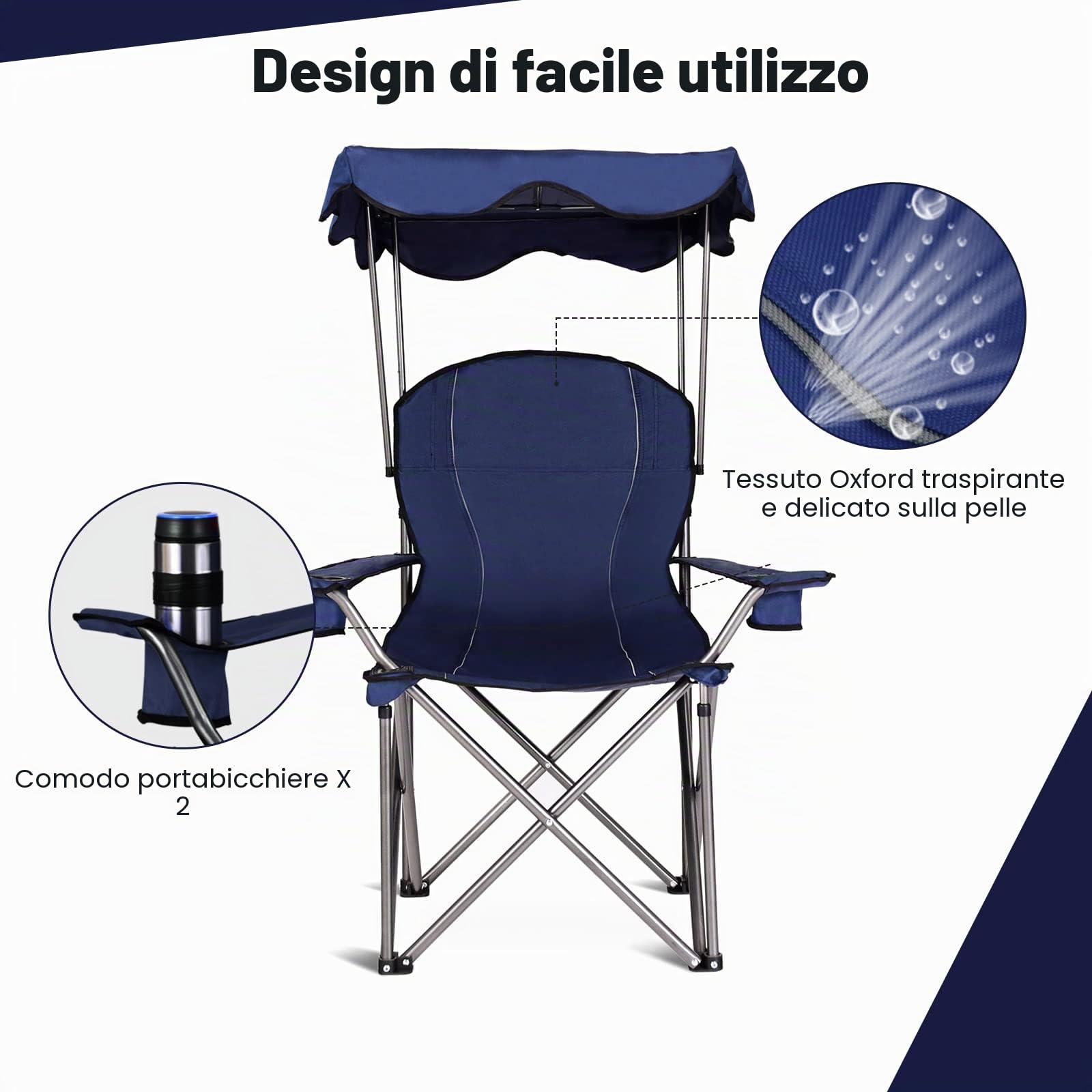 KOMFOTTEU Sedia da campeggio con baldacchino, sedia da spiaggia e da spiaggia, pieghevole, sedia da pesca con portabicchieri e borsa, sedia pieghevole per esterni, fino a 130 kg (blu)