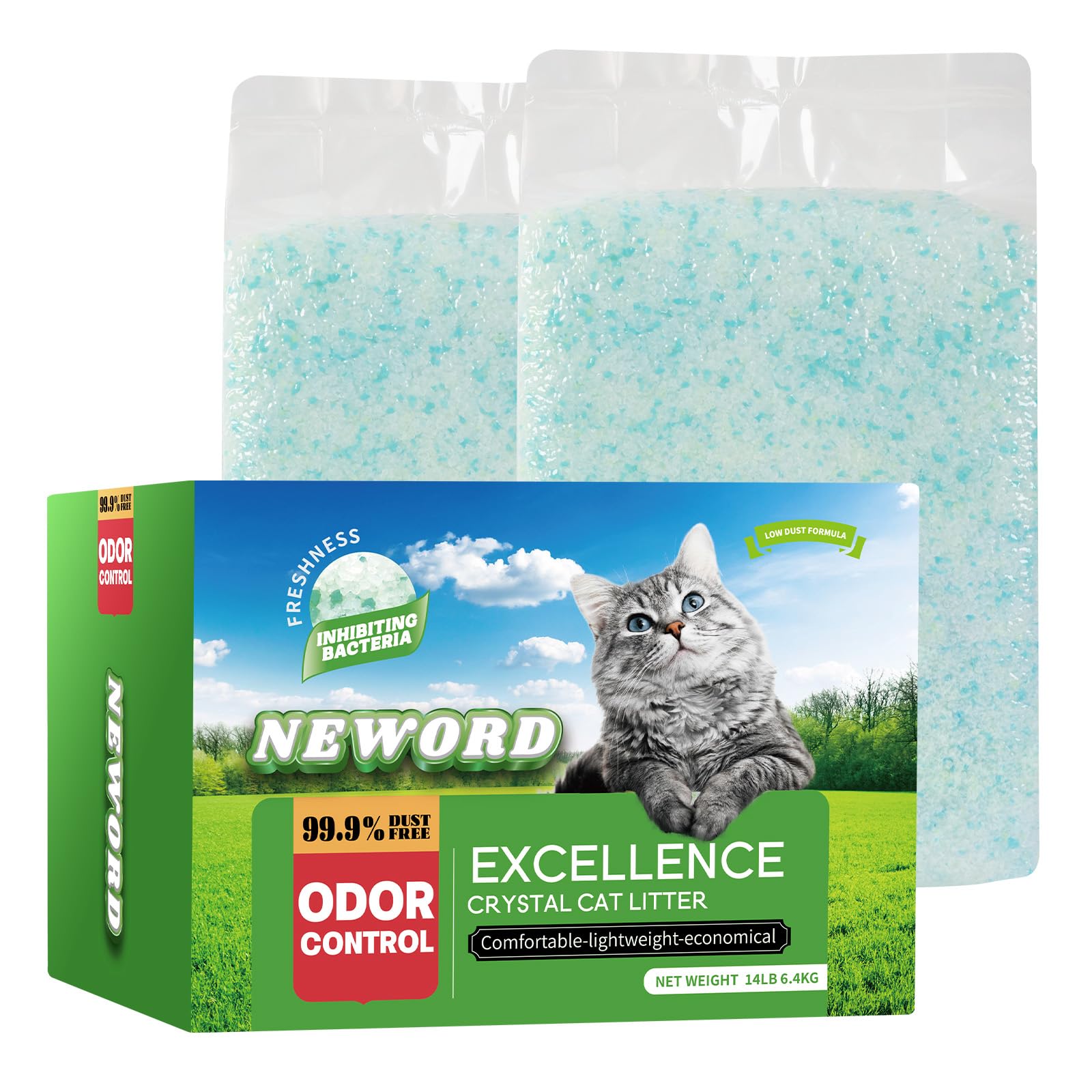 NEWORD Non-Clumping Crystals Cat Litter, Superior Odor Control Silica Gel Litter, Low Tracking & Dust-Free, Soft-On-Paws, Aloe Vera Fragrance, 14 lbs