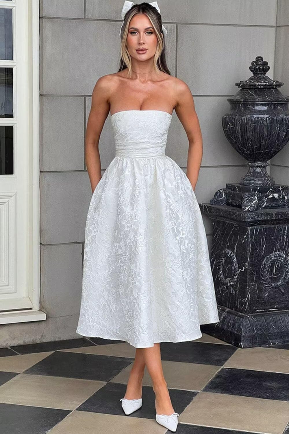 SoDigne Strapless Floral Jacquard Satin 2025 Midi Prom Dresses Tea Length A Line Evening Party Gown - Image 2