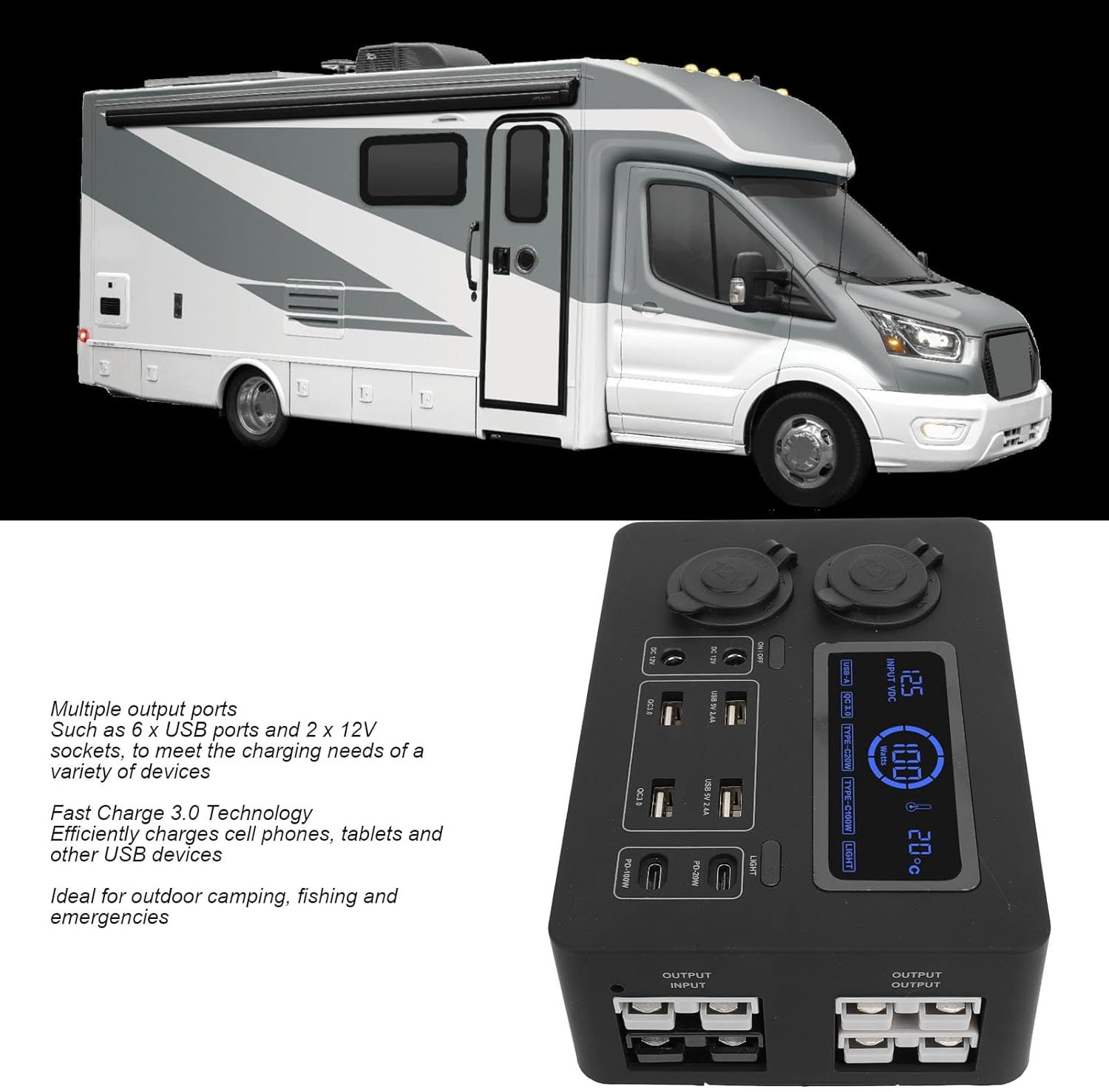 12V Mini Power Box, Power Distribution Box, Fast Charging 3.0 Technology, 6 x USB Ports and 2 x 12V Sockets, Wide Output Options, Ideal for Camping Fishing Outdoor Boat