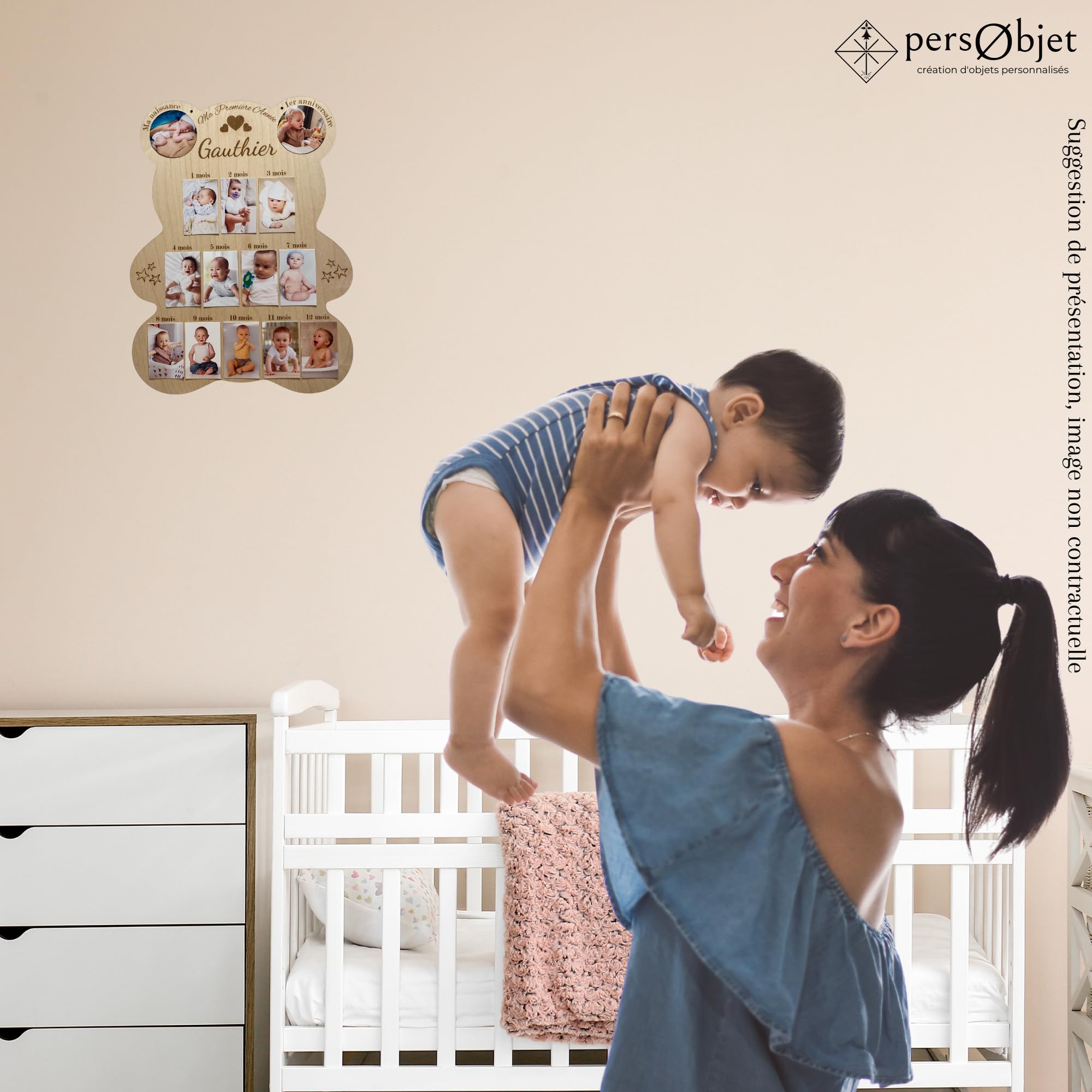 Cadre Photos Pêle-Mêle Ours en Bois Personnalisé - Souvenirs Première Année Bébé - Cadeau Naissance Baptême Décoration Chambre Enfant