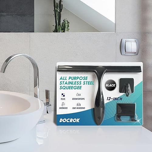 Miniatura 7 de Escobilla de ducha multiusos de acero inoxidable para puertas de ducha con 2 ganchos adhesivos, herramienta de limpieza de baño, escobilla de espejo