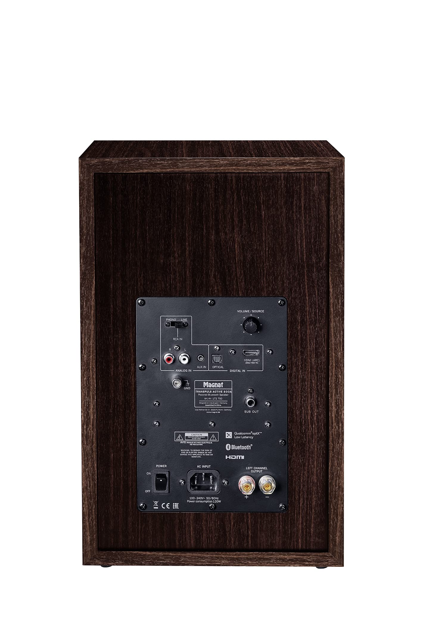 Transpuls 800A, aktive Retrolautsprecher mit vielfältigen Anschlüssen wie HDMI® mit ARC oder Bluetooth® 5.0, 1 Paar | Aktives Retro-Stereo-Paar mit 17-cm-Tieftöner, HDMI ARC, Bluetooth aptX, Phono/Line, AUX, optischem Eingang und Sub-Out.