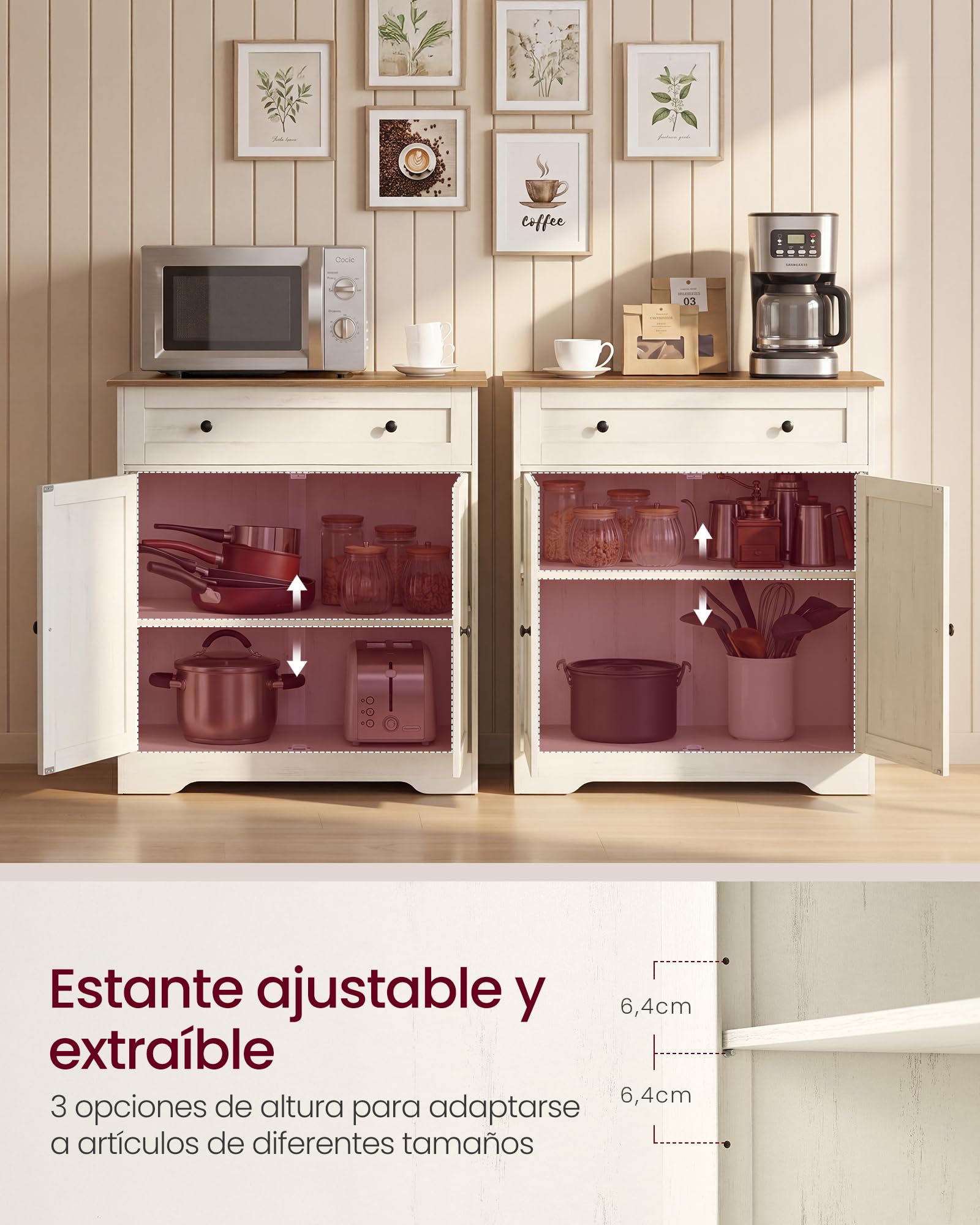 VASAGLE Siren Colección - Aparador, Armario Almacenaje, con Cajón y Estante Ajustable, Doble Puerta, Rincón de Café, 40 x 72 x 80 cm, Blanco Rústico LSC521WJ01