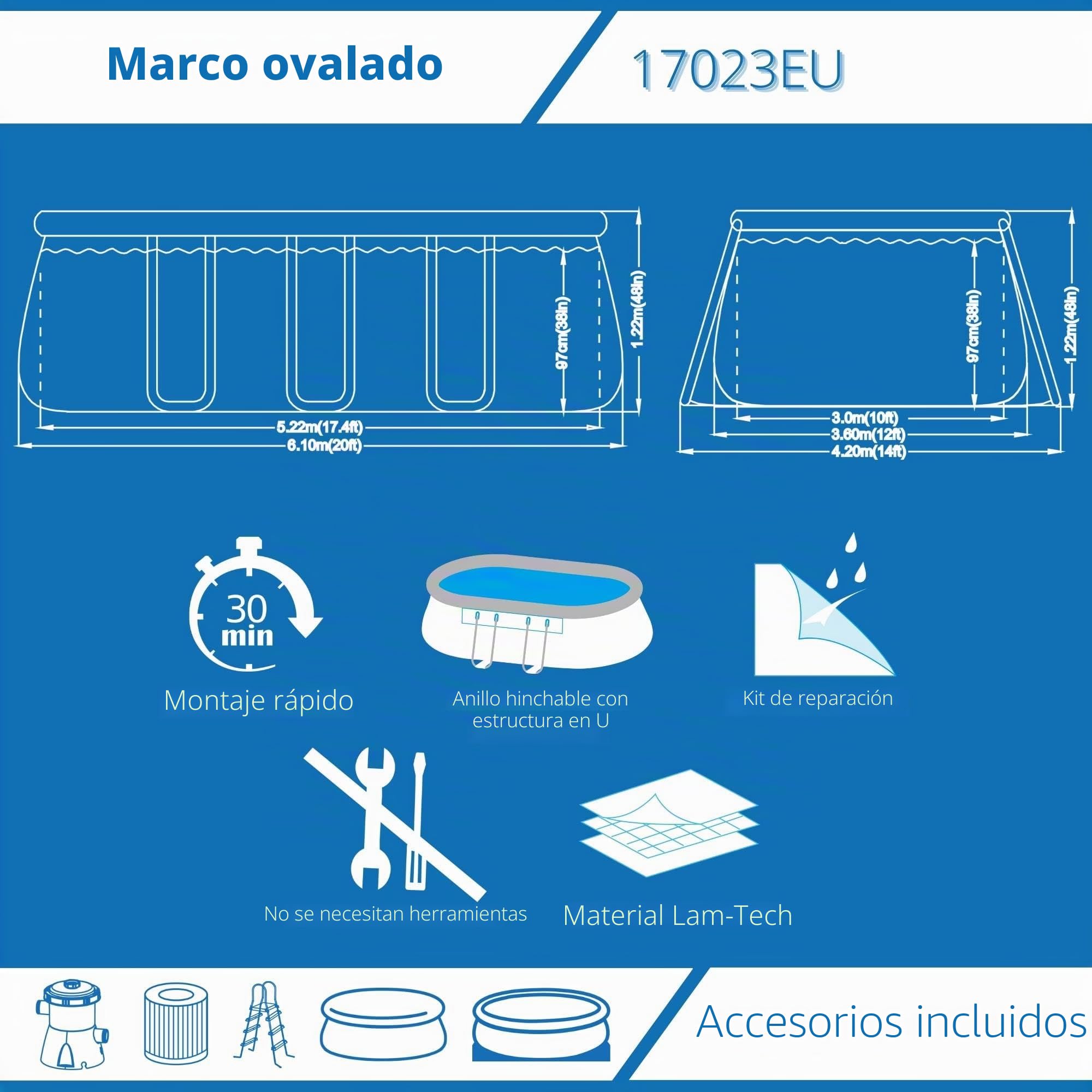 AVENLI 17023EU Piscina Autoportante Ovale con Struttura, Grigia, 610 x 360 x122 cm, 610x360x122 cm