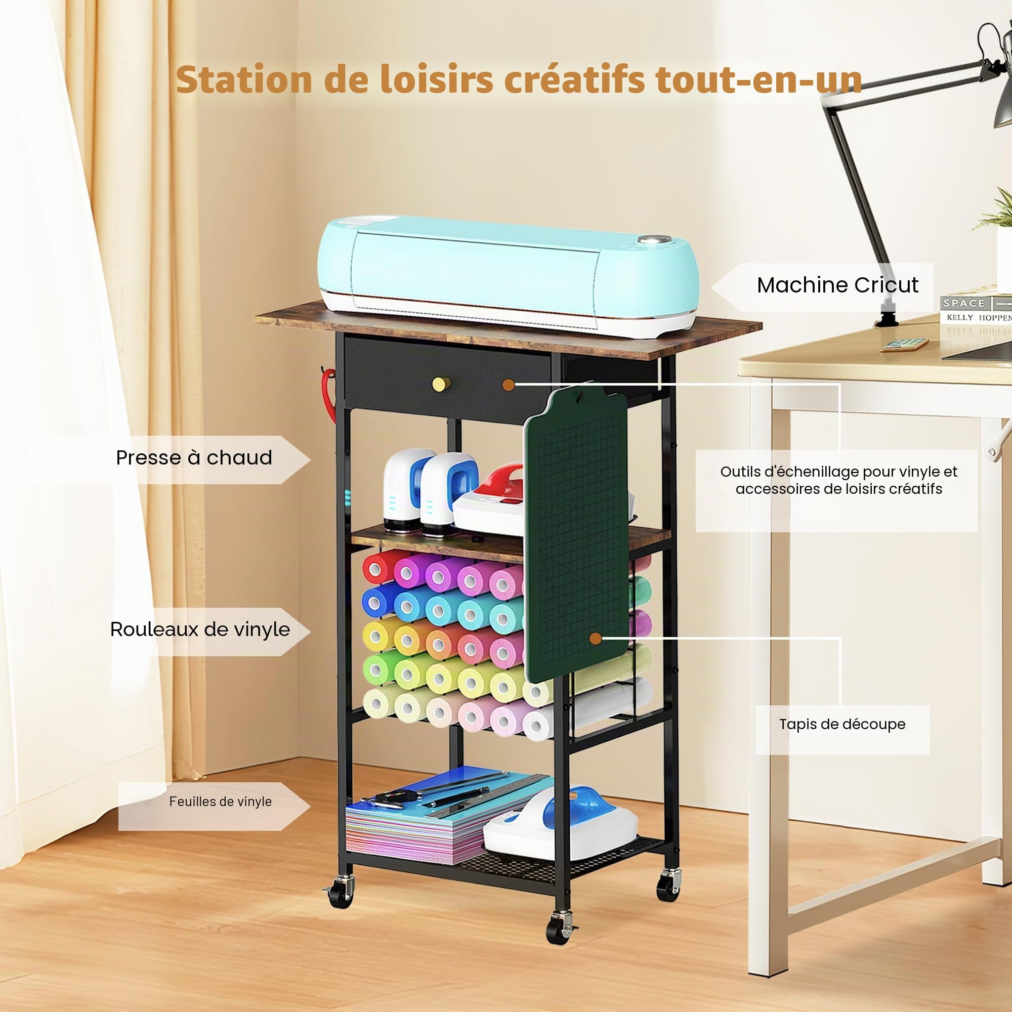 Yitexin Chariot de rangement avec 30 supports de rouleaux de vinyle et tiroir, compatible avec Cricut