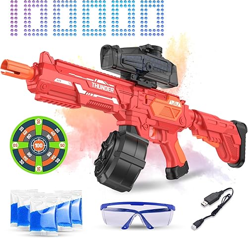 Lanzador de bolas de gel grande con tambor, lanzador automático y manual, lanzador eléctrico de Splat, mejora de capacidad (rojo)