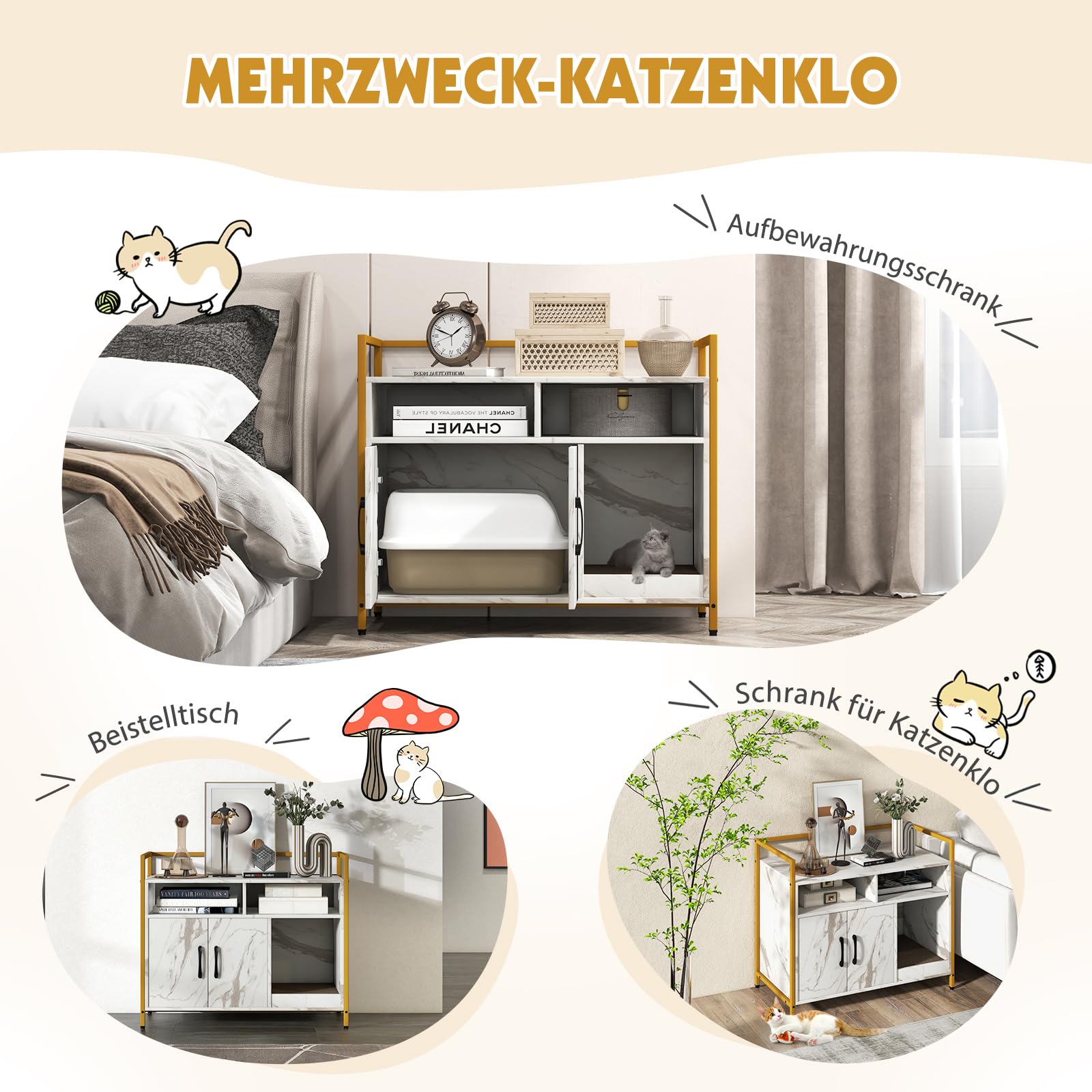 COSTWAY Szafka dla kotów, kuweta dla kota z podwójnymi drzwiami i podkładką do drapania, domek dla kota z otwartym regałem i 2 przegródkami, dla kotów, psów, zwierząt domowych (biały marmur)