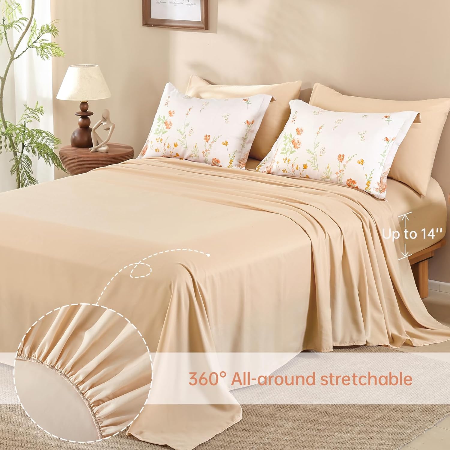 Yiran Coral Orange Watercolour Floral Comforter Set Queen Size, 7 Piece Cute Botanical Comforter Bedding Set, Bed in a Bag Queen, Soft Microfiber Complete Bedding Set with Sheets for All Season - Image 5