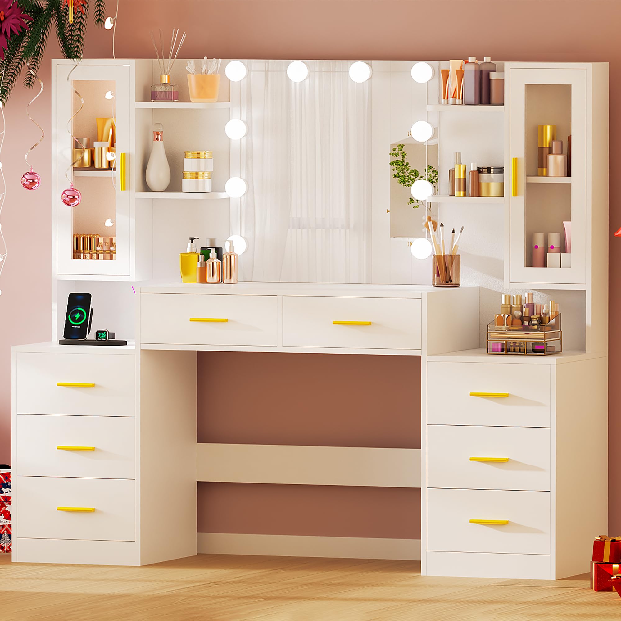 ANWBROAD Grande Toletta Trucco con Luci LED e Prese 150x135x40cm, Bianca | illuminazione Regolabile a 3 Colori Moderna Postazione Trucco con Specchio 8 Cassetti 2 Armadietti Toletta BDT67W