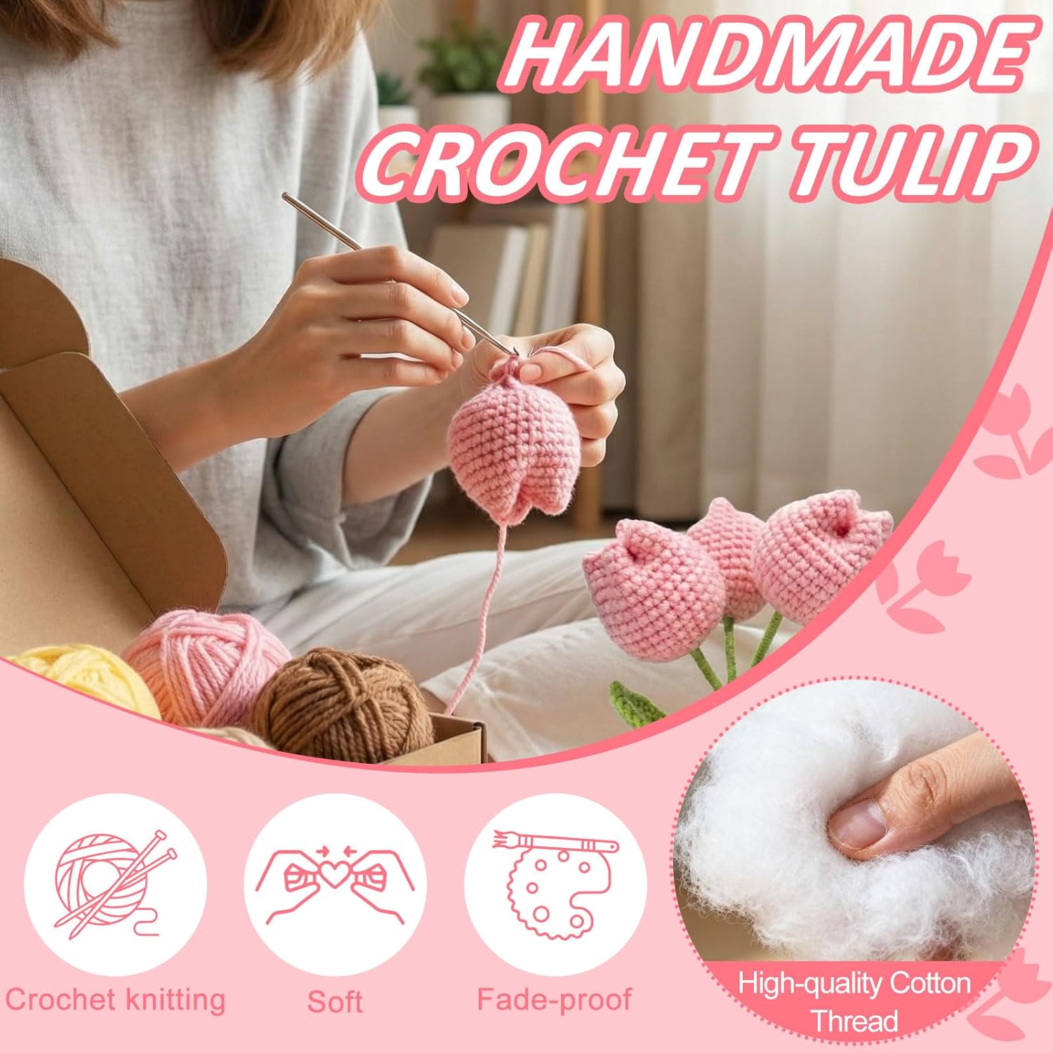 Emotional Support Tulip, Handmade Positive Tulips Flower Crochet with Encouragement Card for Desk Decor Tulip Ornament - Thank You, Appreciation, Positive Gift for Teacher, Mom, Friend - Pink - Image 4