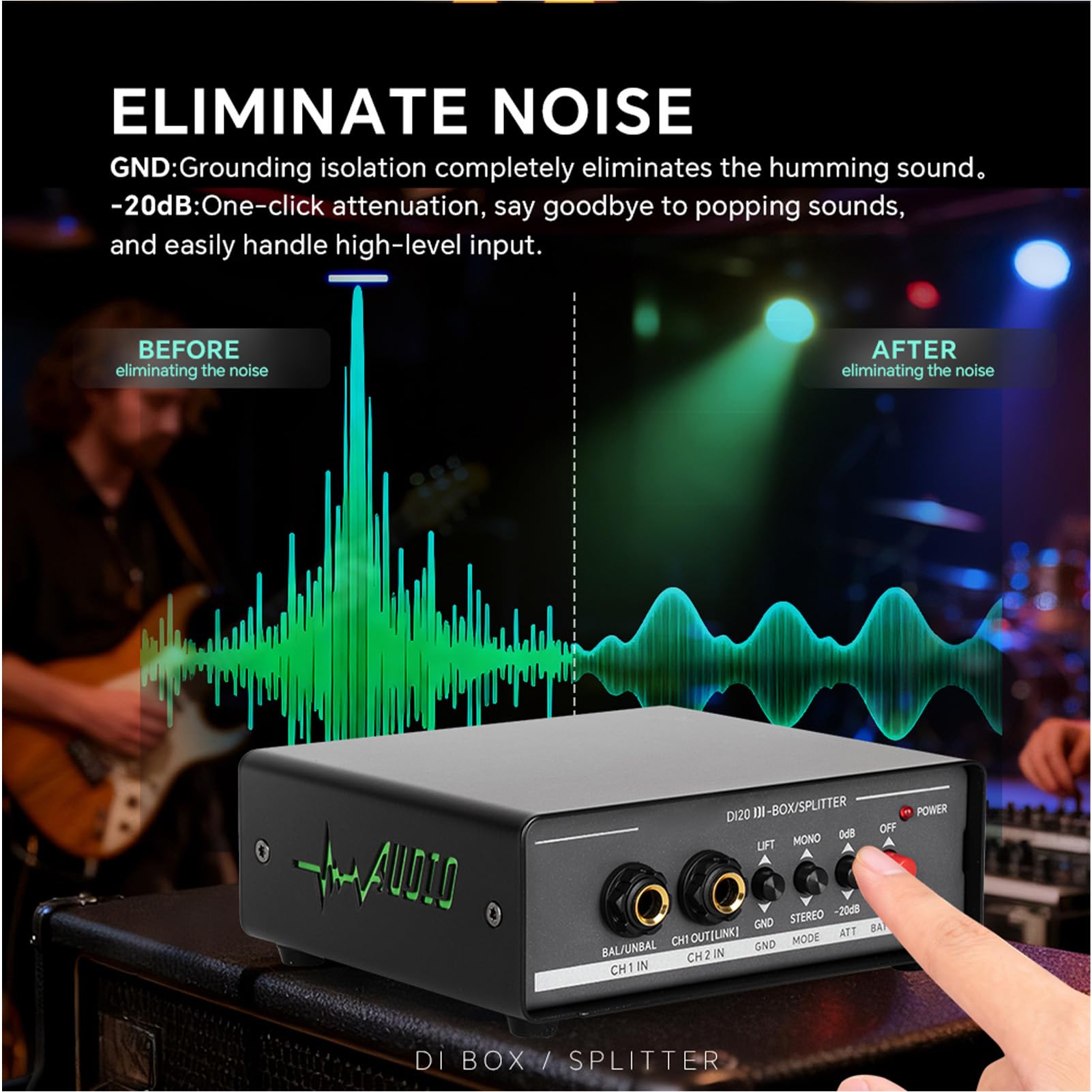 Luocute DI Box Attivo, Interfaccia Audio Bilanciata a Doppio Canale con Isolatore DI Terra Risposta in Frequenza 20Hz 20kHz, Box Audio a Iniezione Diretta per Studi DI Registrazione DI