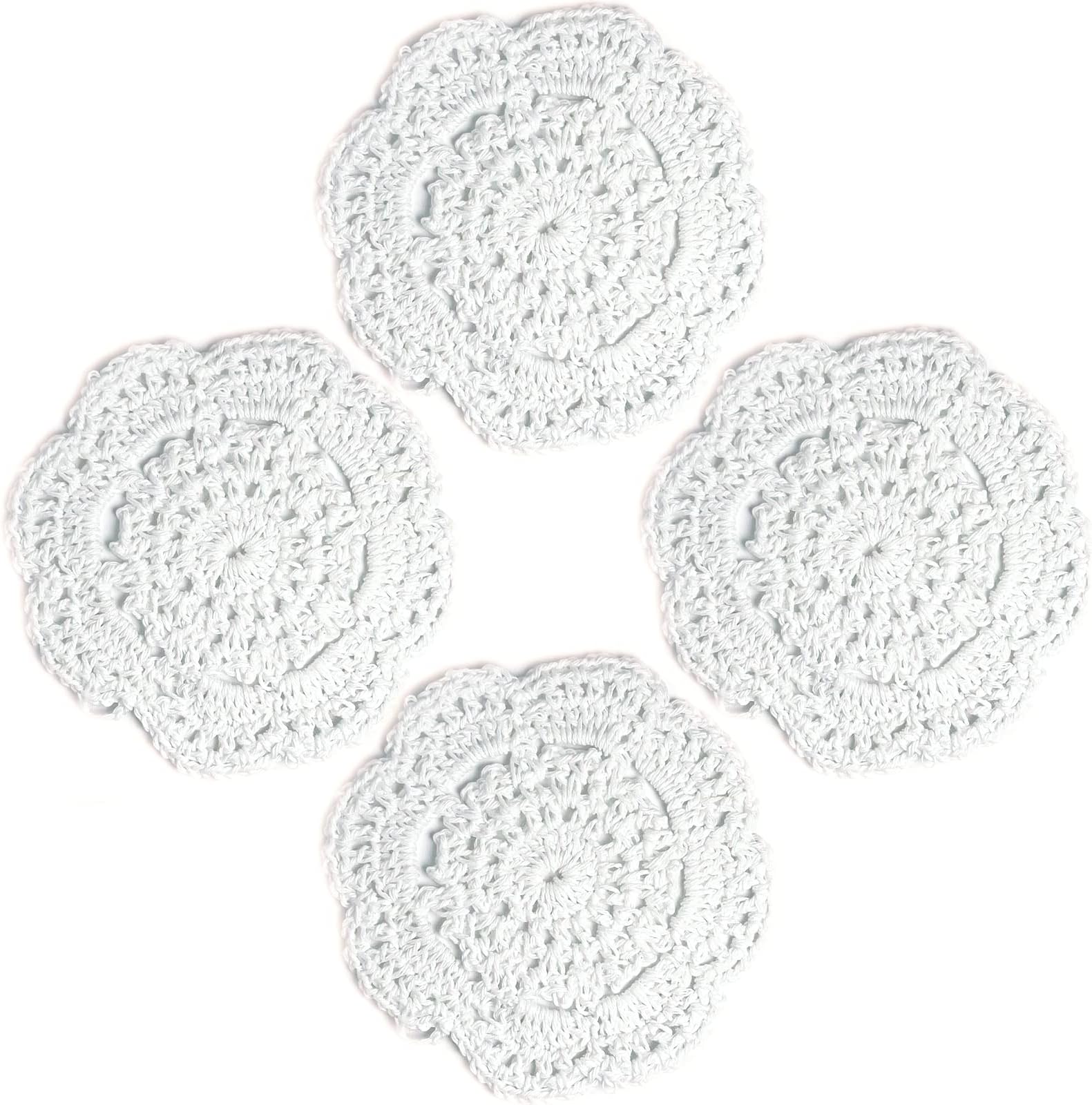 4 Inch Doilies Crochet Round Lace Doily Handmade Placemats 100% Cotton Crocheted Coasters, 4PCS (White)