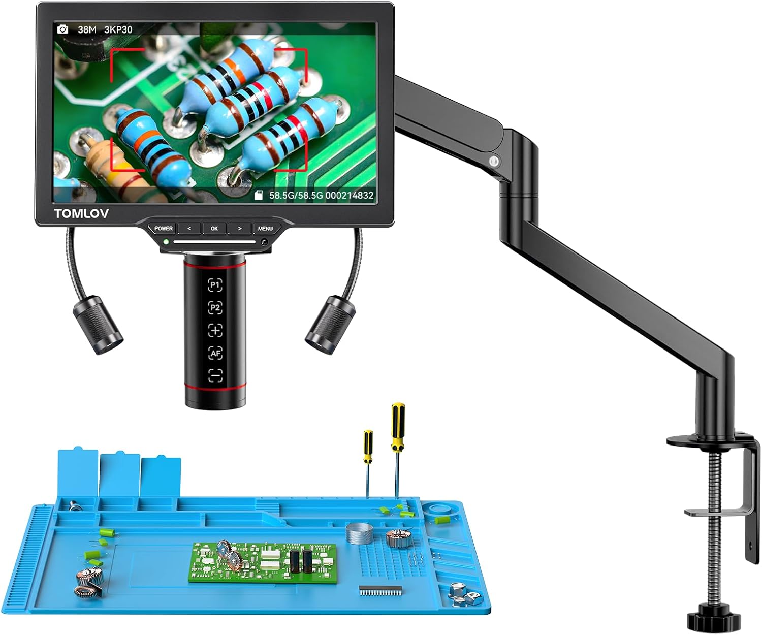TOMLOV Autofocus Digital Microscope TM3K-AF Max: 3K Flex Arm HDMI Microscope with Screen, Micro Soldering Microscopes, Coin Magnifier, 10.1" IPS Screen, Side Lights, Repair Mat, PC/TV Compatible, 64G