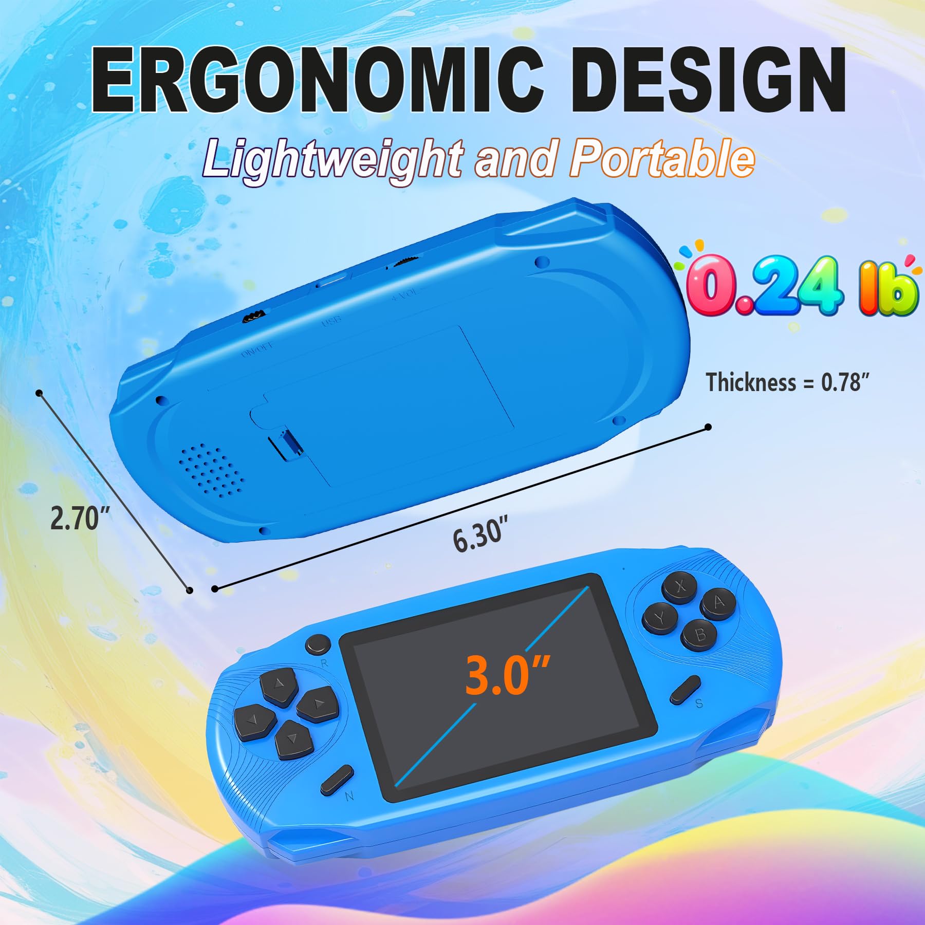 16 Bit Handheld Spielekonsole für Kinder 220 Retro-Videospiele Blau | 3.0 Zoll HD Display, USB-C Wiederaufladbar, 6+Hrs Spielzeit,Tragbar,Einfach zu Bedienen,Geschenk für Jungen Mädchen
