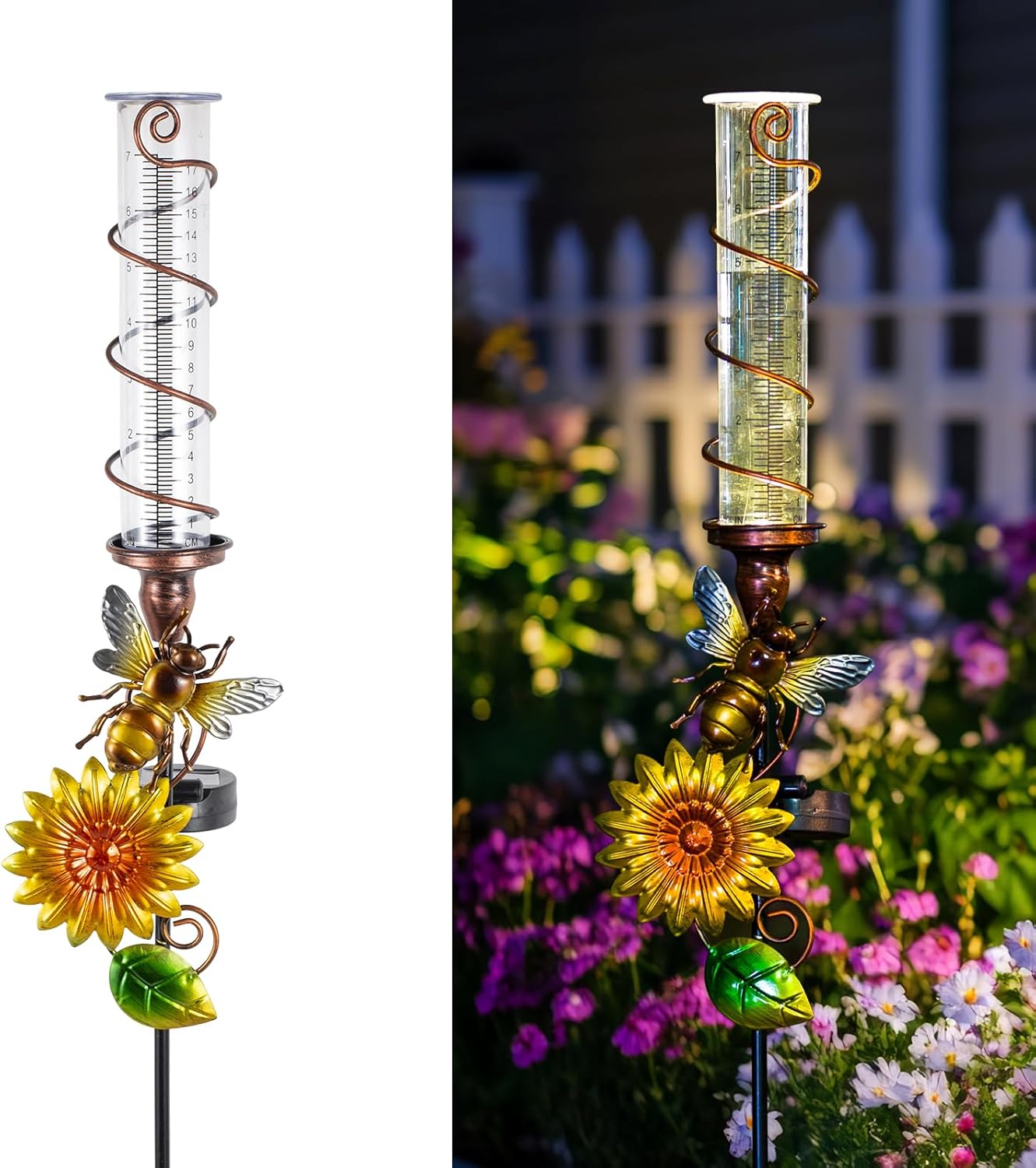 Rain Gauge Outdoor, Solar Rain Gauges for Yard, Freeze Proof Rain Gauge with 7" Plastic Tube, Bee Metal Decorative Garden Stake with Led Light, Yellow