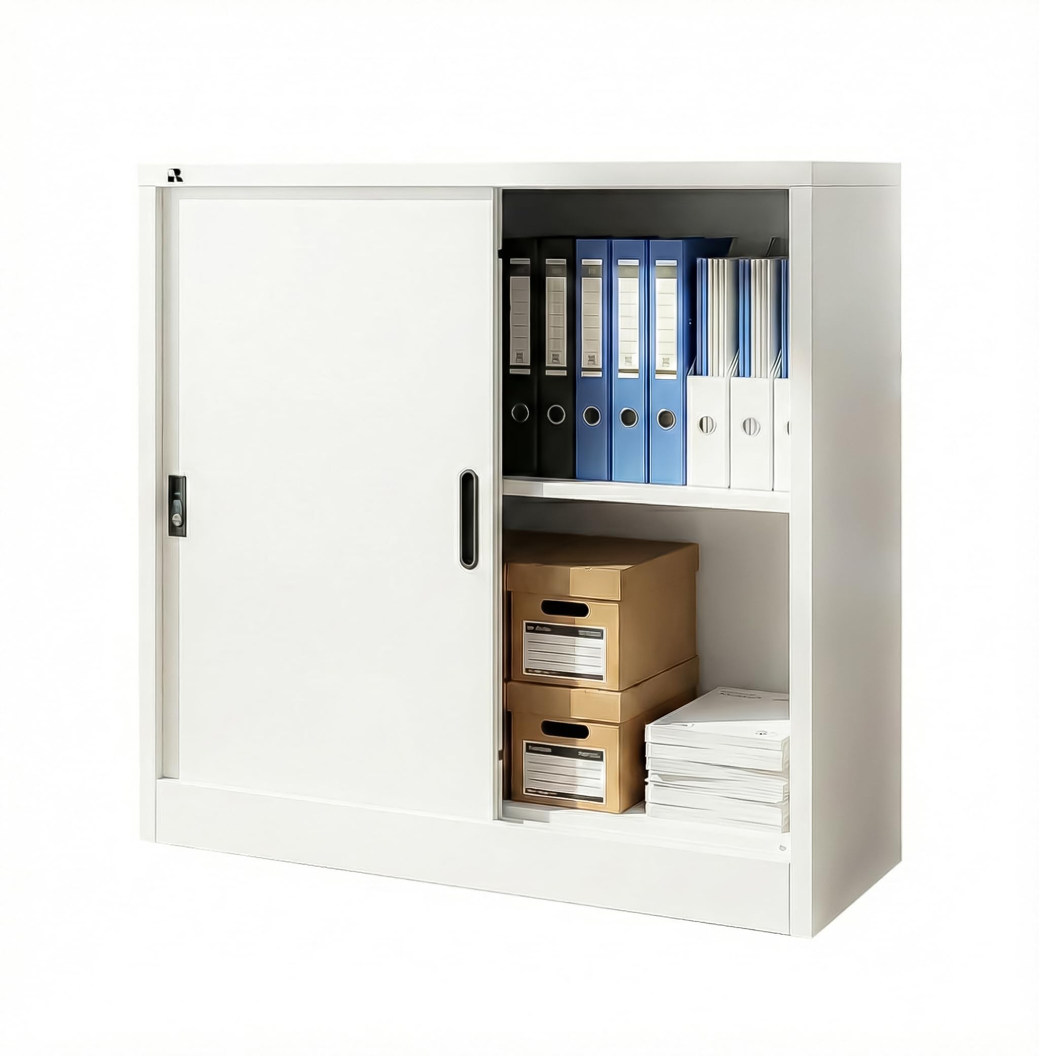 RIGID Low Height Steel Sliding Door Cupboard | Filing Cabinet with Adjustable Shelves | Space Saving Storage for Office & Home, Smooth Sliding Mechanism, Pre Assembled, White (40D x 90W x 90H CM)