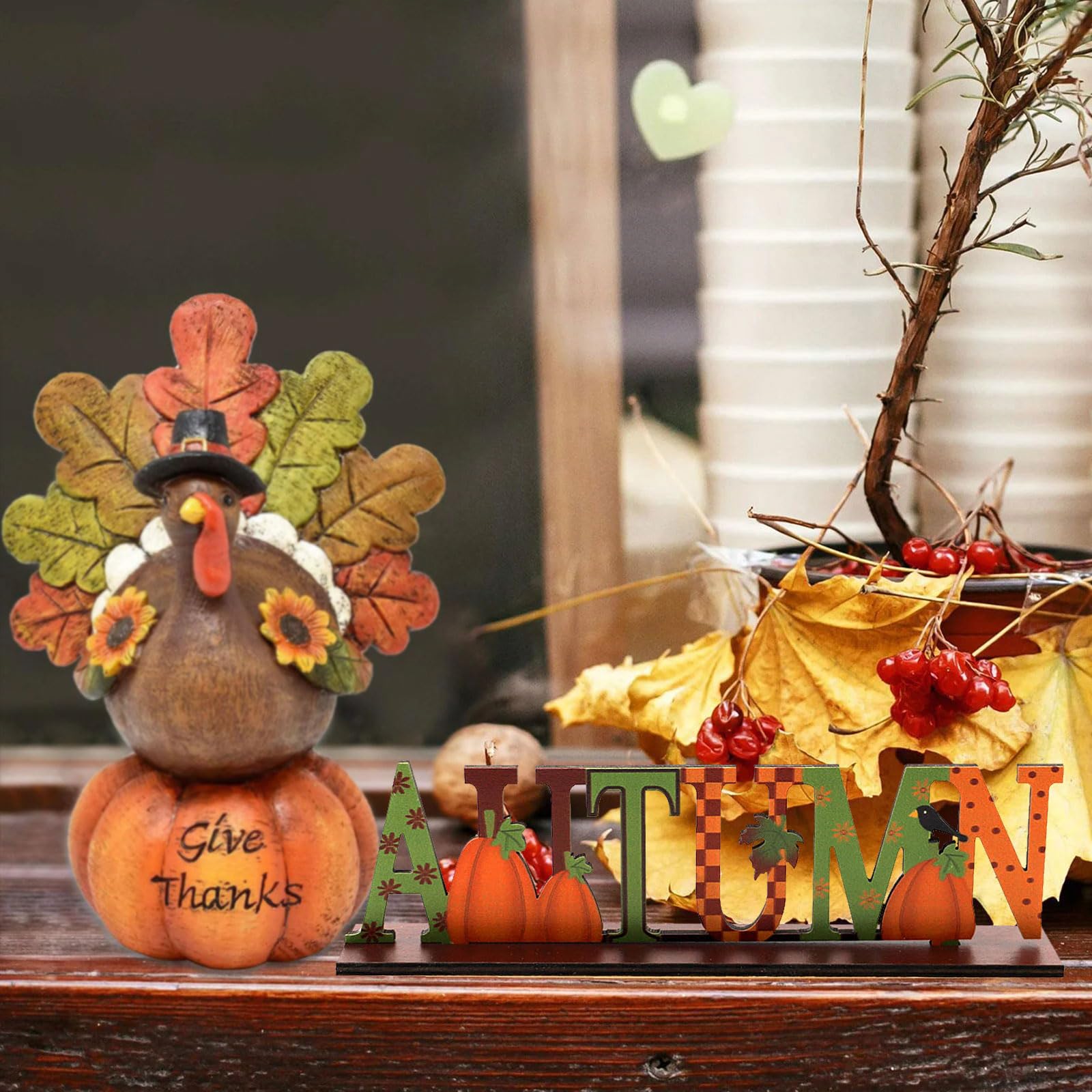2-Piece Wooden Turkey Table Signs – Rustic Fall Thanksgiving Decor, Farmhouse Tiered Tray Centerpiece Blocks - View #4