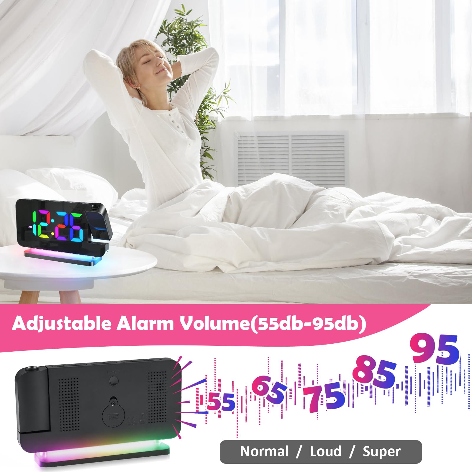 Euakee Réveil fort pour chambre à coucher avec lumière de nuit RVB, sommeil lourd adulte, double alarme, gradateur, chargeur USB, petite horloge numérique de chevet avec écran LED (blanc
