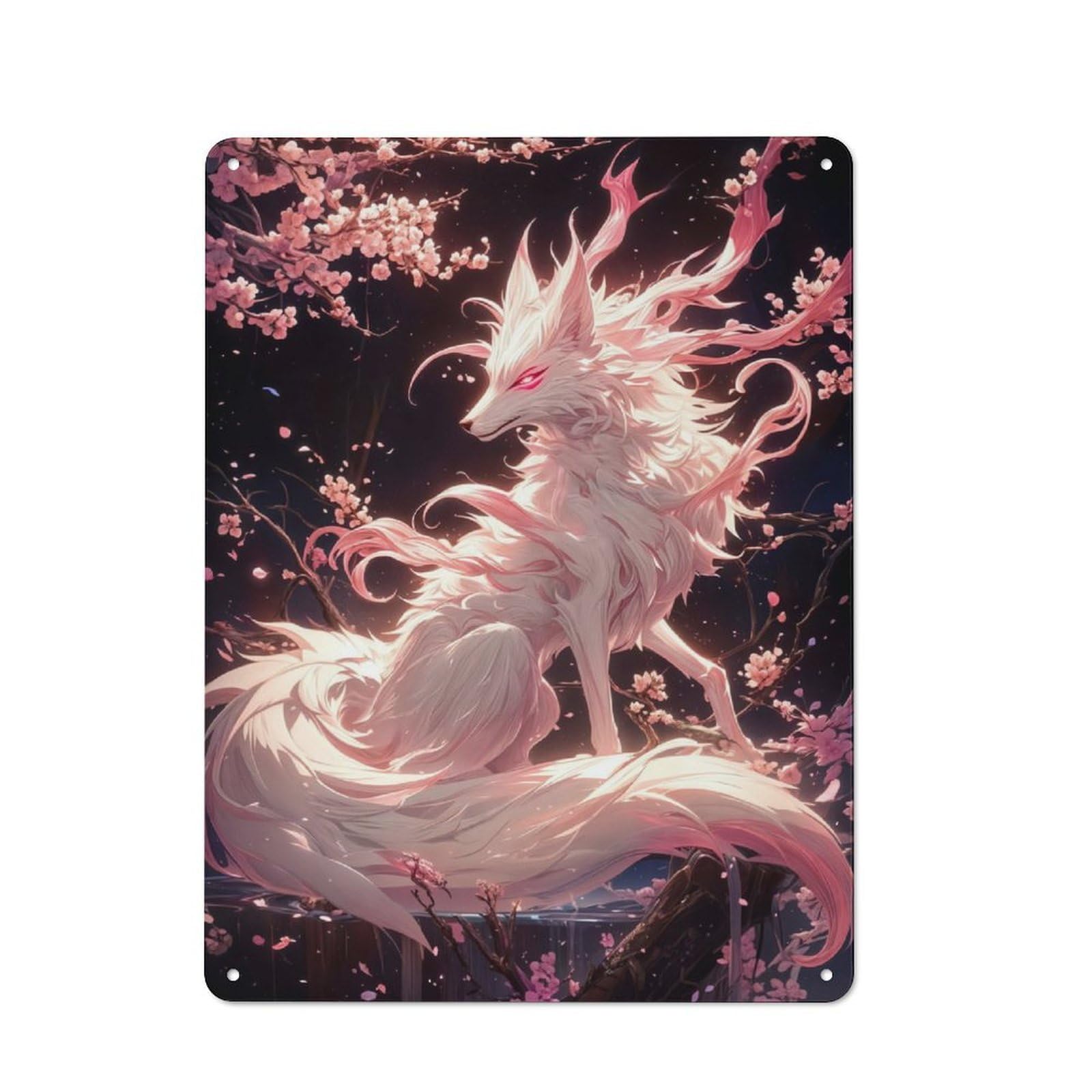 Junmoney Sakura Kitsune Fox Retro Tin Wall Plaque 40X30cm For Studio Or Craft Room, Winter Wall Decor For Creative-Space Collectors