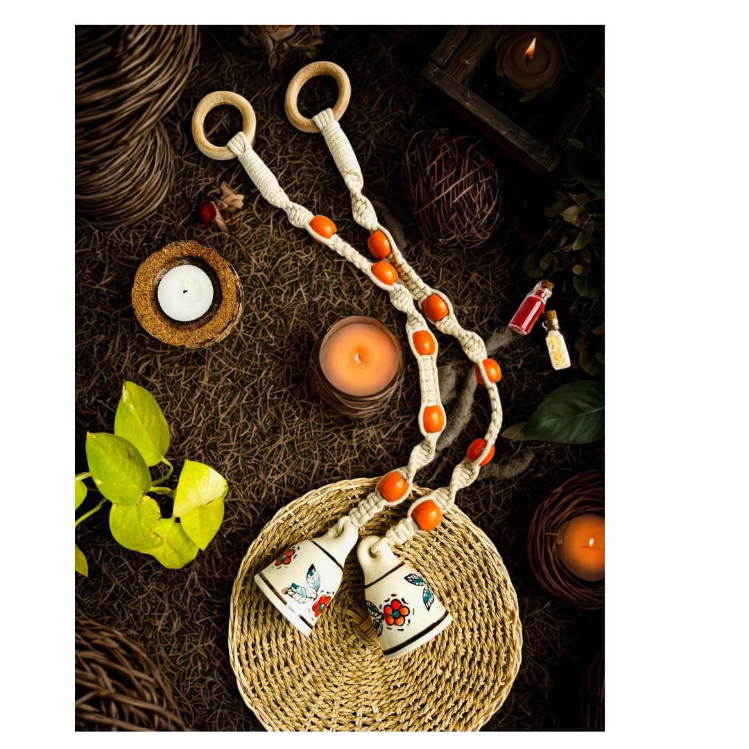 Shopping Shots Temple Chimes | Set of 2 | Ceramic Macrame Bells (Height 3 inches) with 2 Hand-Painted Ceramic Hook Included for Hanging The Chime. Saffron Theme-image-48
