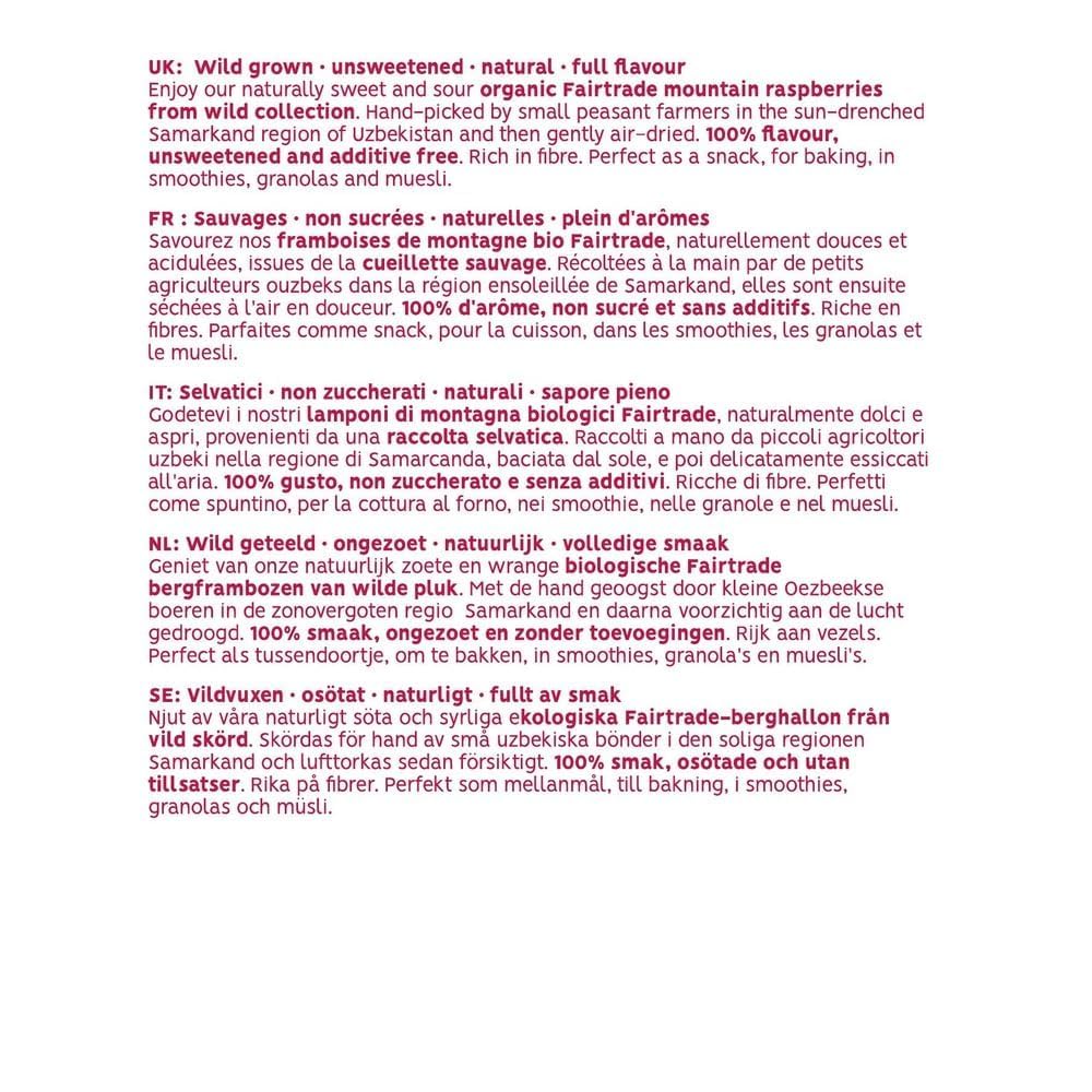 PAKKA – Framboises bio, issues du commerce équitable, séchées au soleil, non huilées, sans soufre ni sucre ajouté, cueillette sauvage, petits producteurs de Samarcande en Ouzbékistan, véganes (750 g)