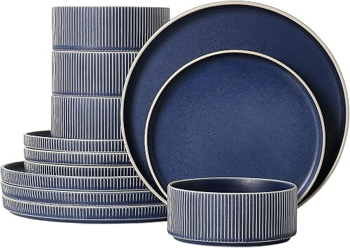Stoneware Dinnerware Sets for 4, 12Pcs Plates and Bowls Set, Matte Blue