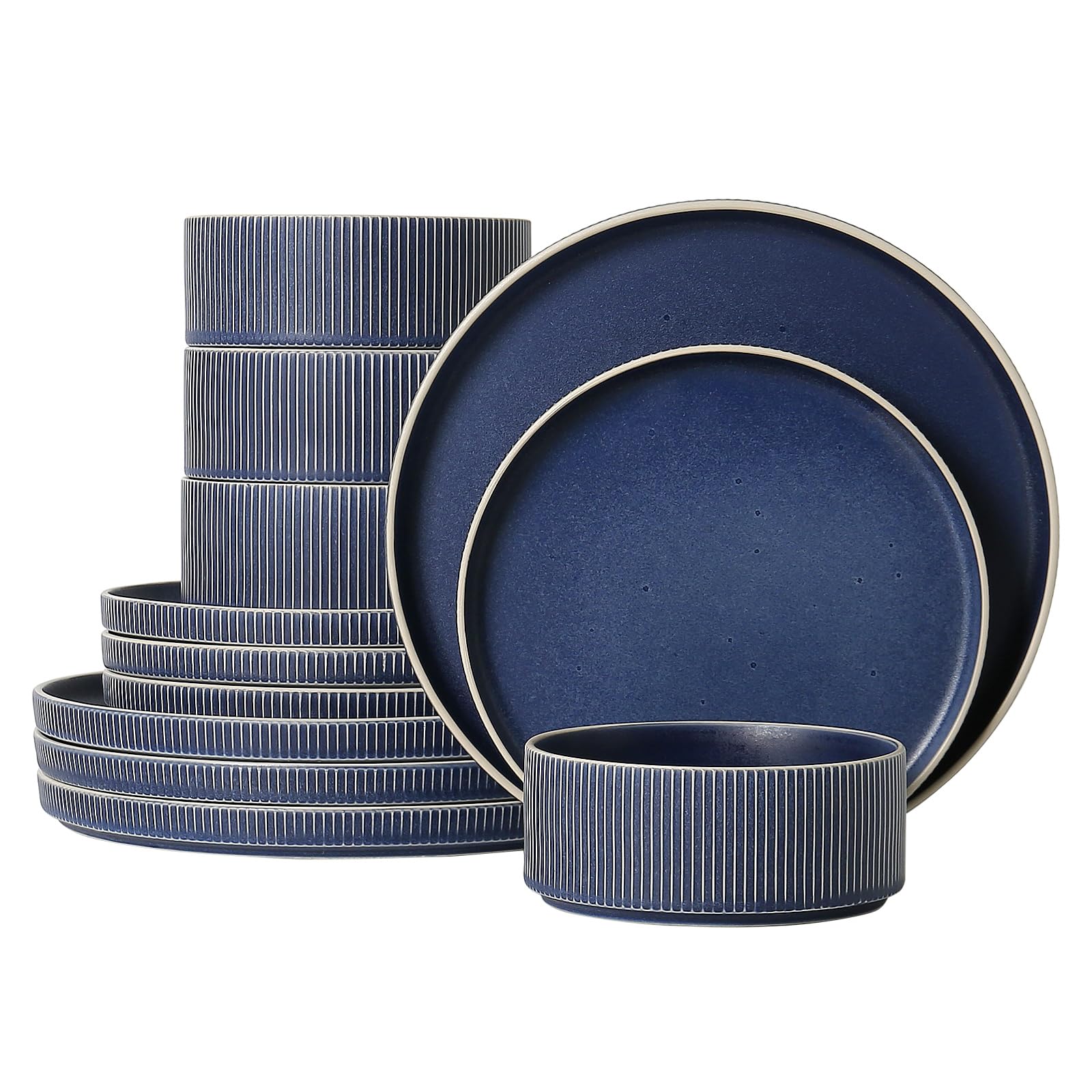 Stoneware Dinnerware Sets for 4, 12Pcs Plates and Bowls Set, Matte Blue