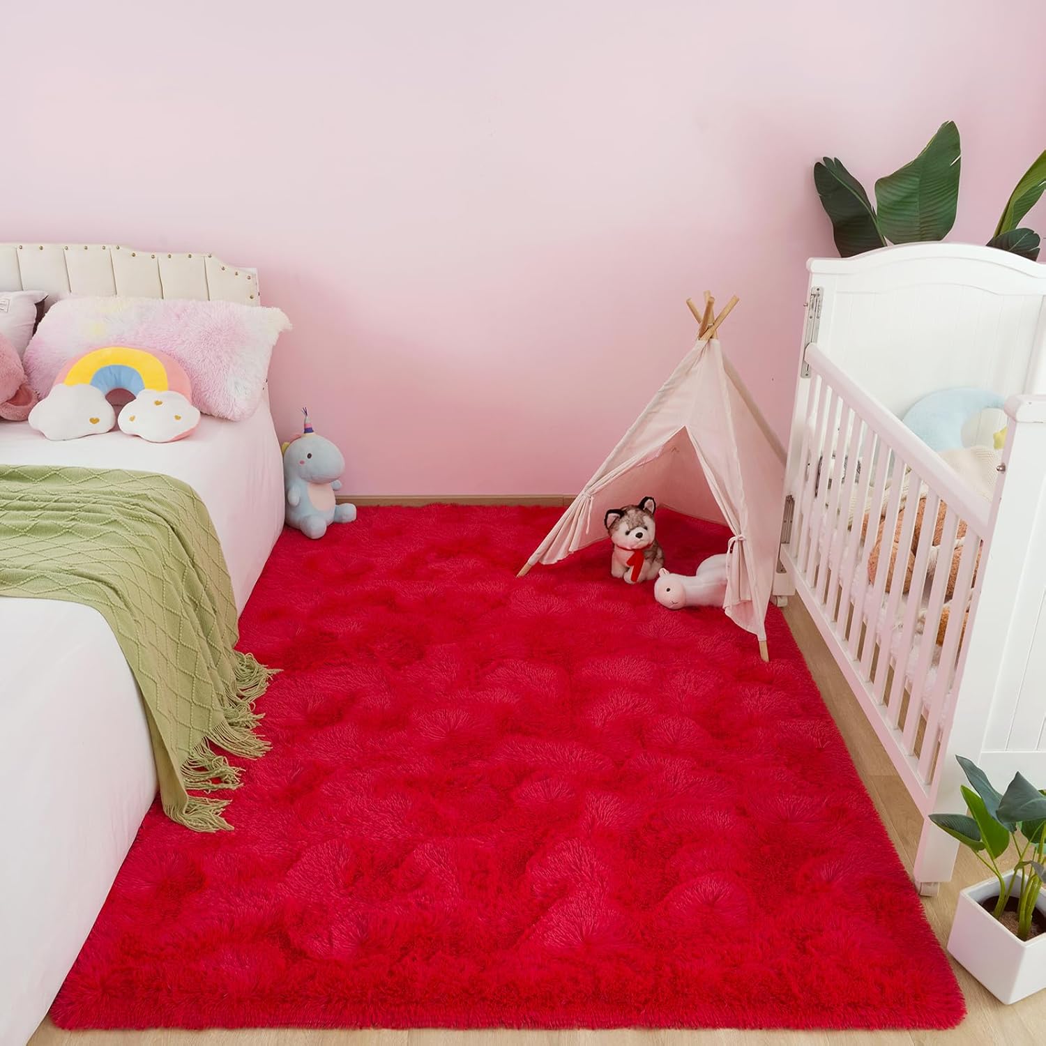 AROGAN Fluffy Rugs for Bedroom Living Room, Shag Area Rugs for Nursery Kids Girls Room, Plush Fur Rug for Playroom Dorm 4x6 Feet, Red